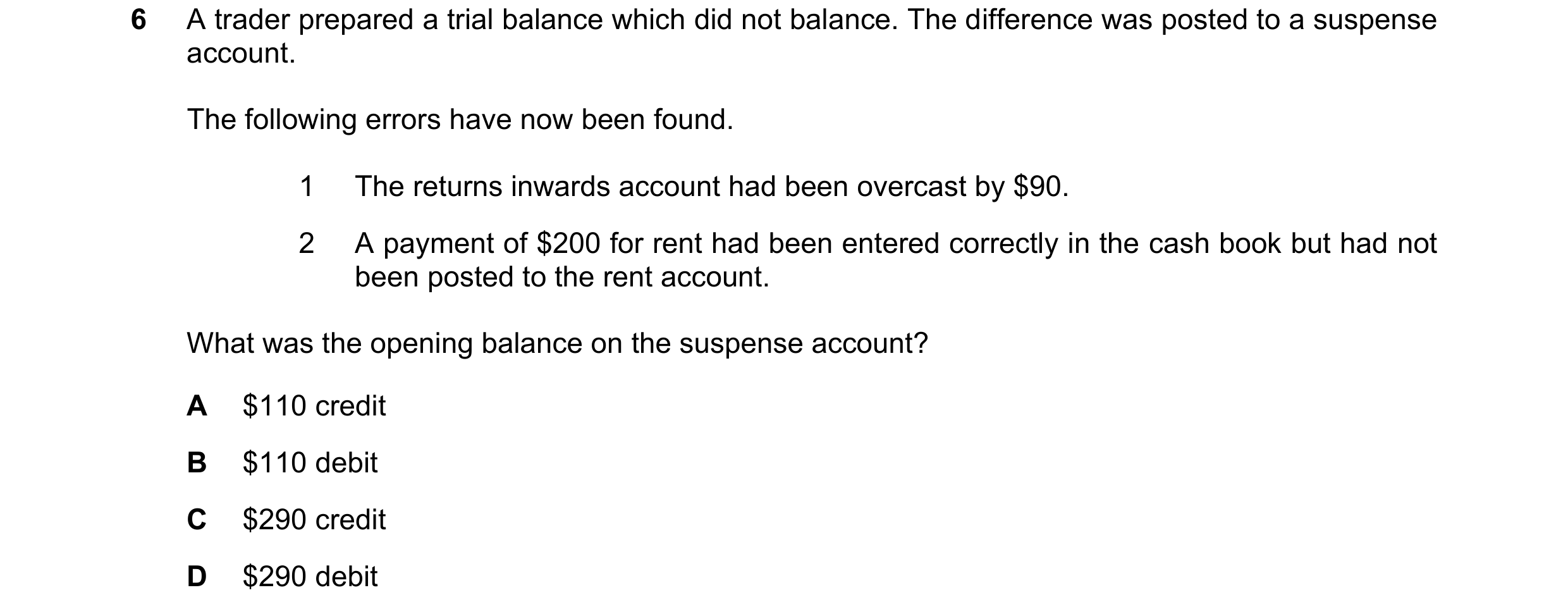 Question 275: A trader prepared a trial balance which did not balance. The difference was posted to a suspense account. The following errors have now bee…