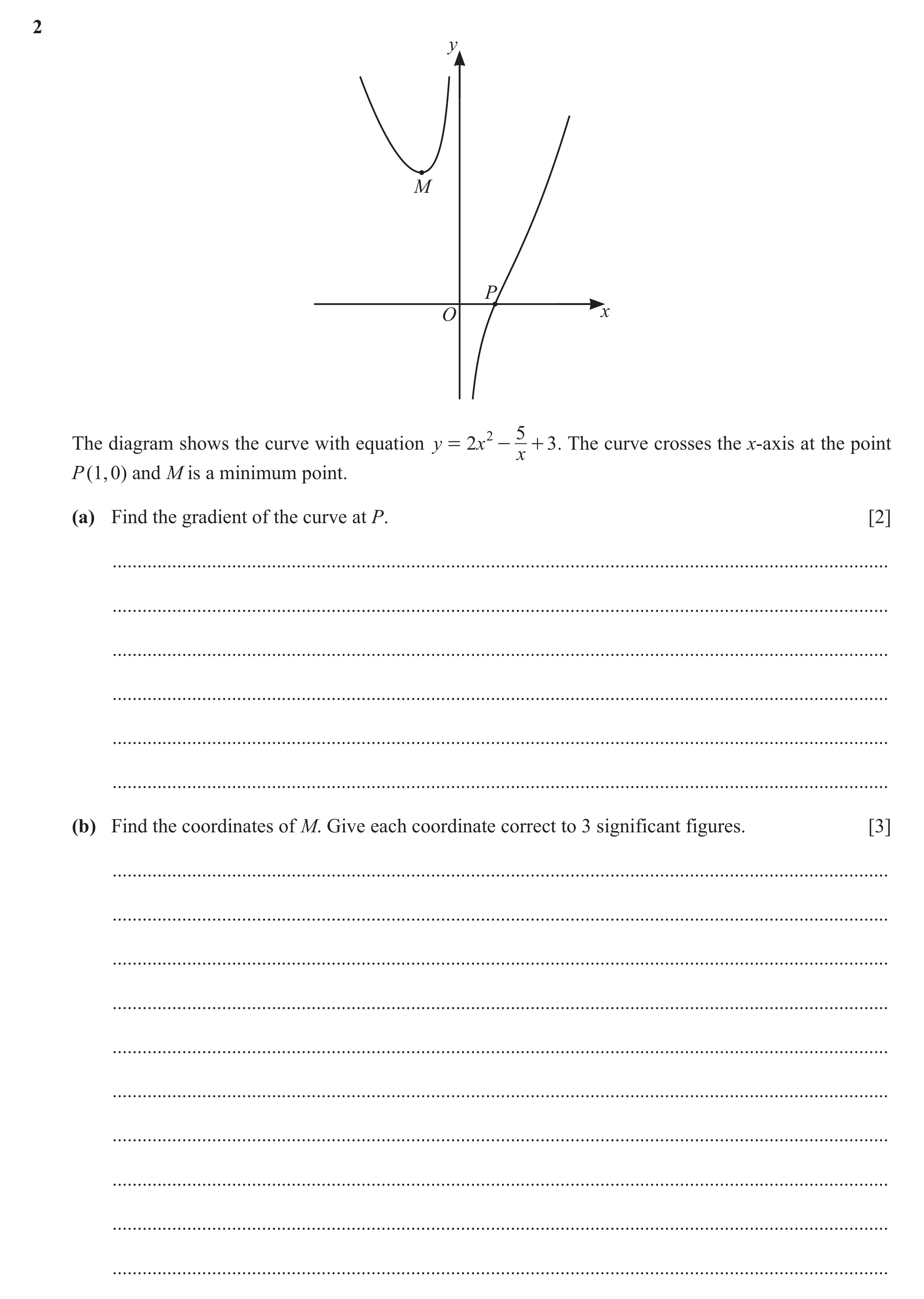 Question 123: y M P O x 2 5 The diagram shows the curve with equation y = 2 x - + 3 . The curve crosses the x-axis at the point x P (1, 0) and M is a min…