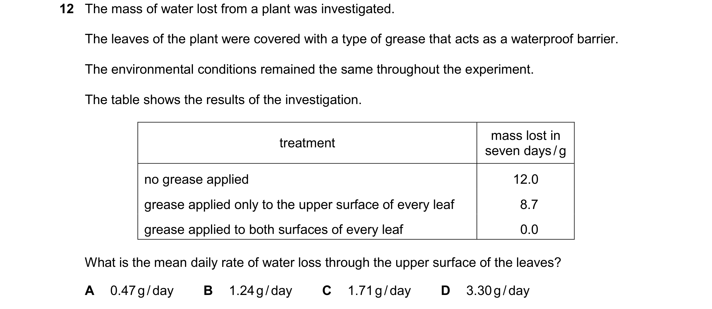 Question 29: The mass of water lost from a plant was investigated. The leaves of the plant were covered with a type of grease that acts as a waterproof …