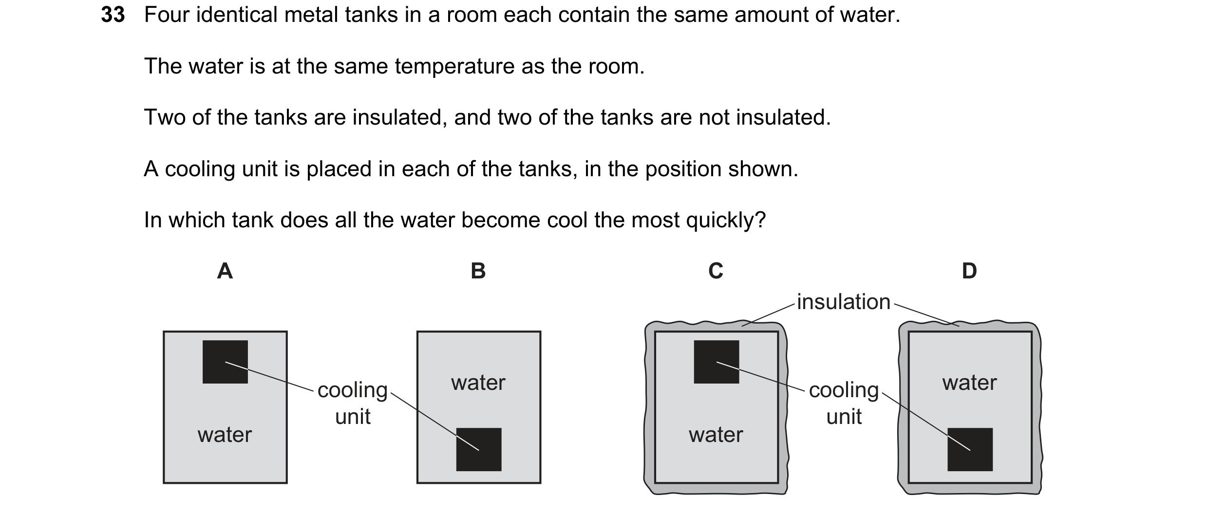 Question 56: Four identical metal tanks in a room each contain the same amount of water. The water is at the same temperature as the room. Two of the ta…