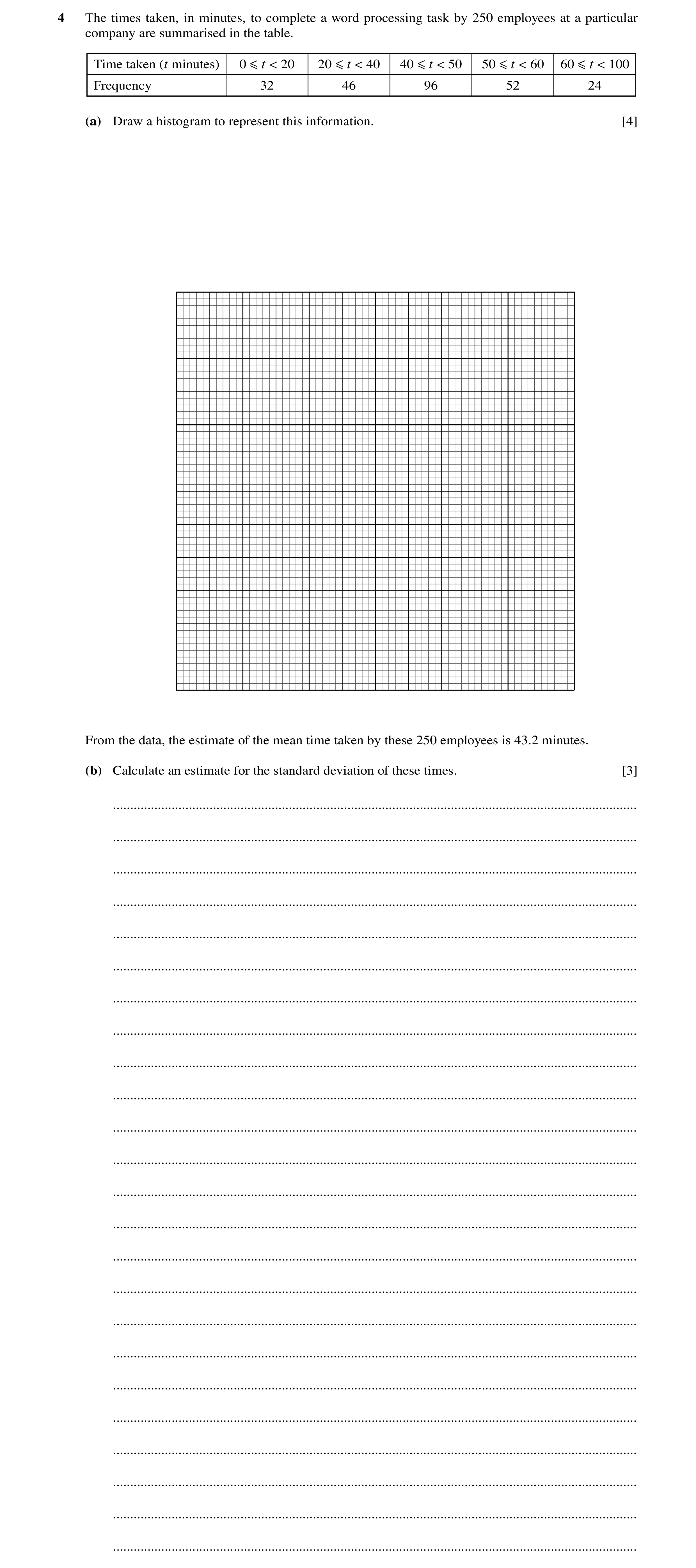 Question 24: The times taken, in minutes, to complete a word processing task by 250 employees at a particular company are summarised in the table. Time …