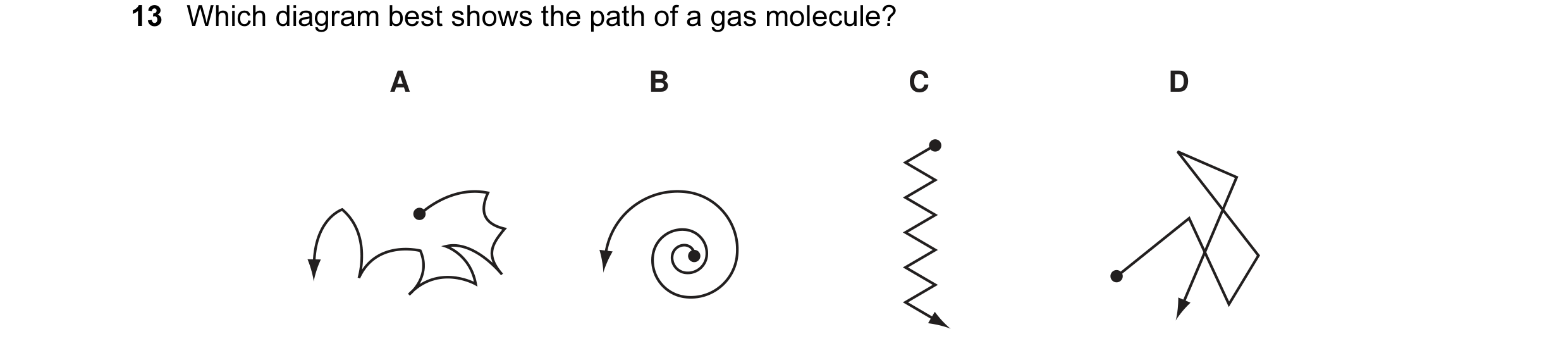 Question 59: Which diagram best shows the path of a gas molecule? A B C D