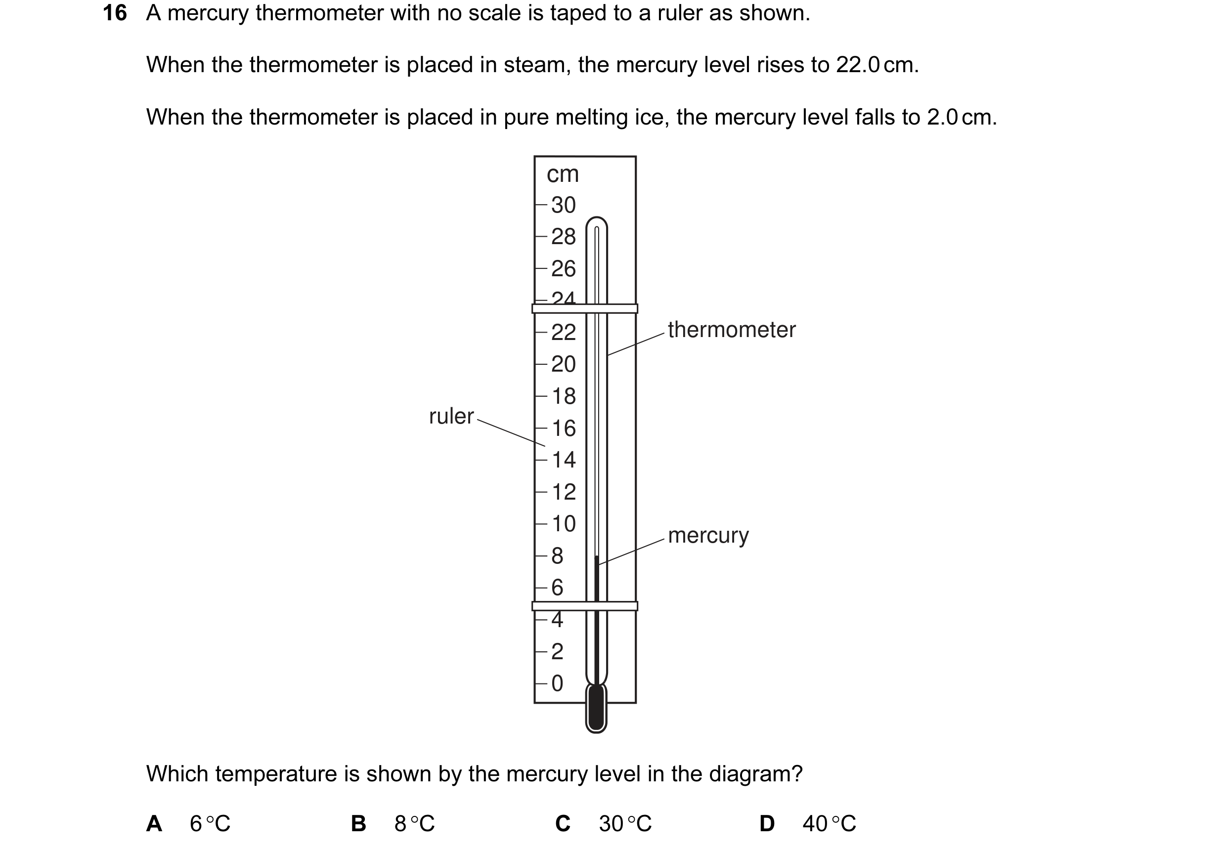 Question 60: A mercury thermometer with no scale is taped to a ruler as shown. When the thermometer is placed in steam, the mercury level rises to 22.0 …