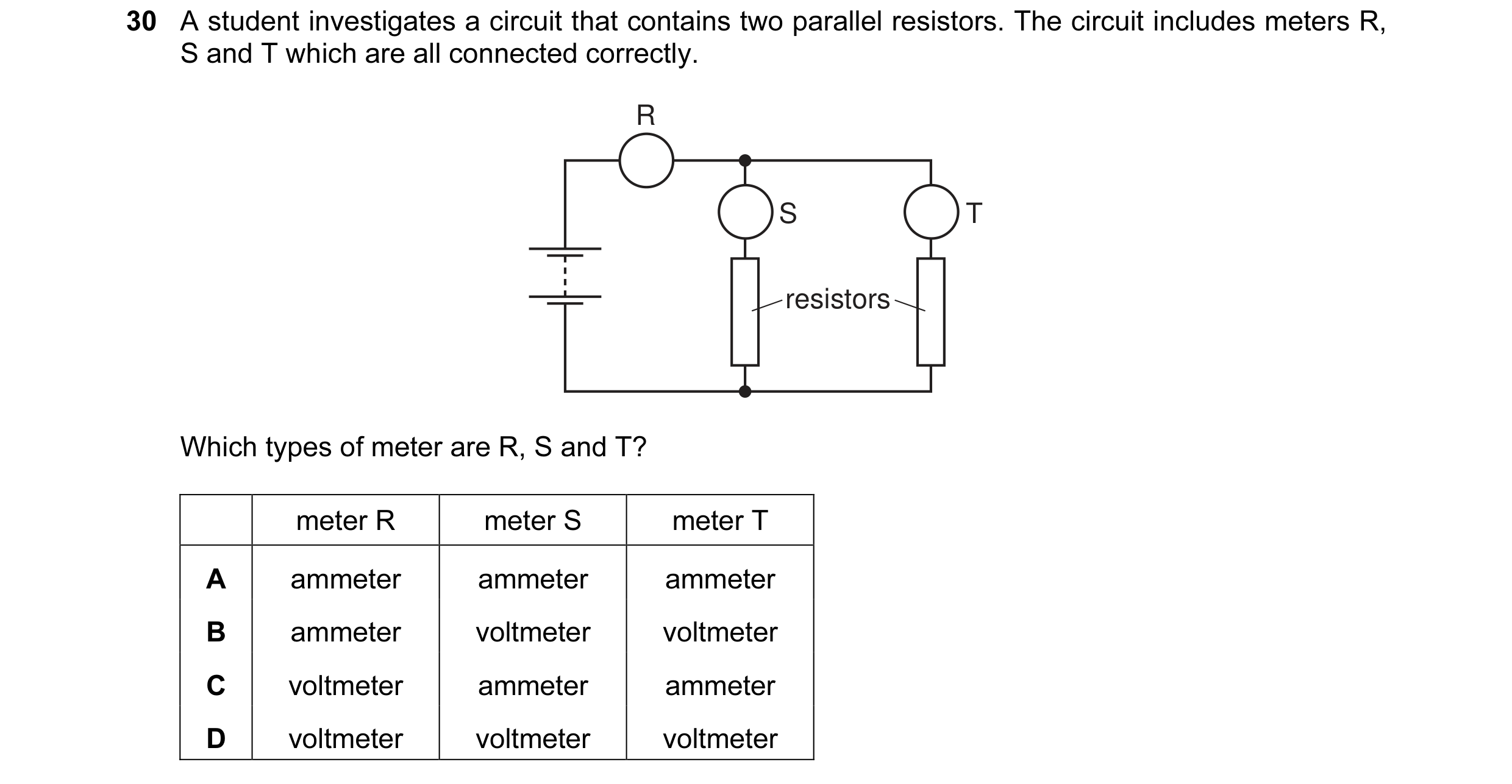 Question 97: A student investigates a circuit that contains two parallel resistors. The circuit includes meters R, S and T which are all connected corre…