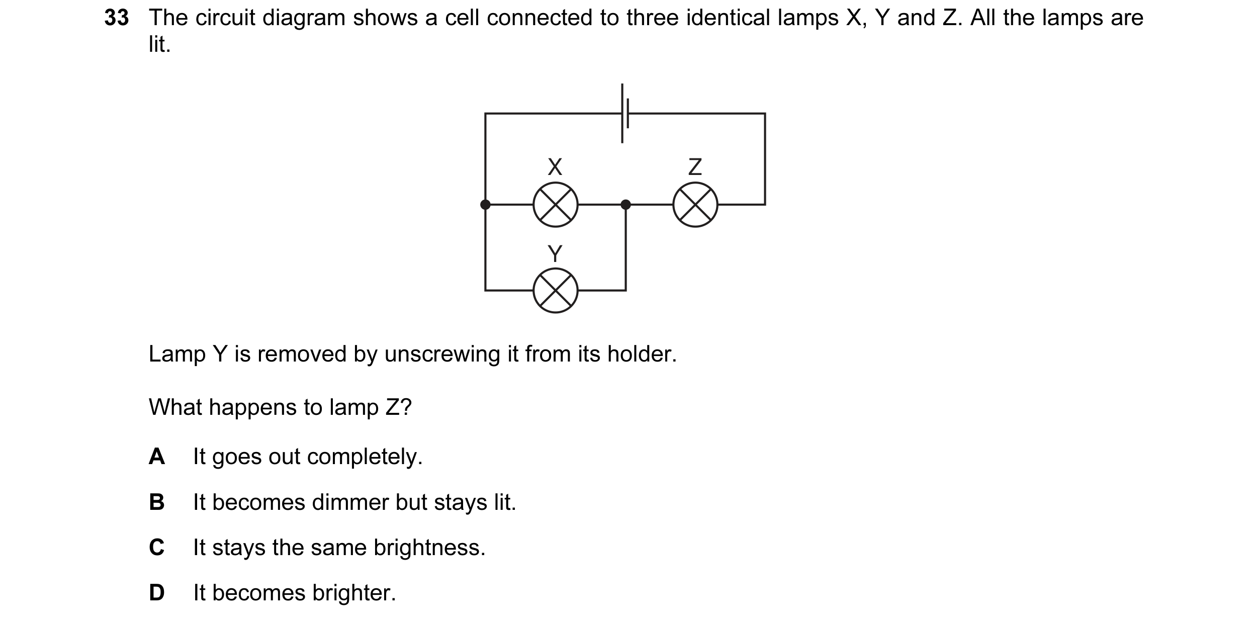 Question 102: The circuit diagram shows a cell connected to three identical lamps X, Y and Z. All the lamps are lit. X Z Y Lamp Y is removed by unscrewin…