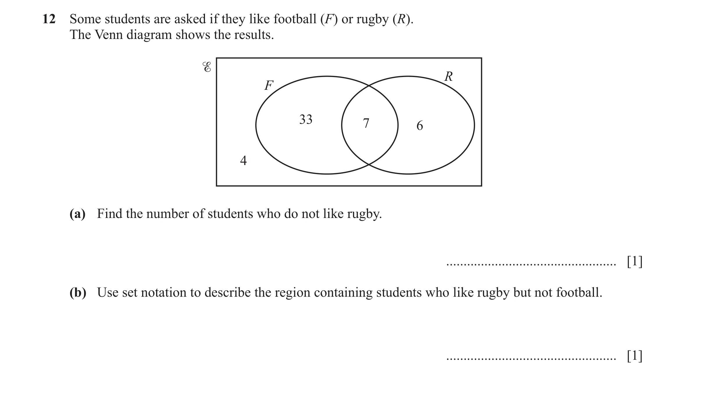 Question 13: Some students are asked if they like football (F) or rugby (R). The Venn diagram shows the results. % R F 33 7 6 4 (a) Find the number of s…