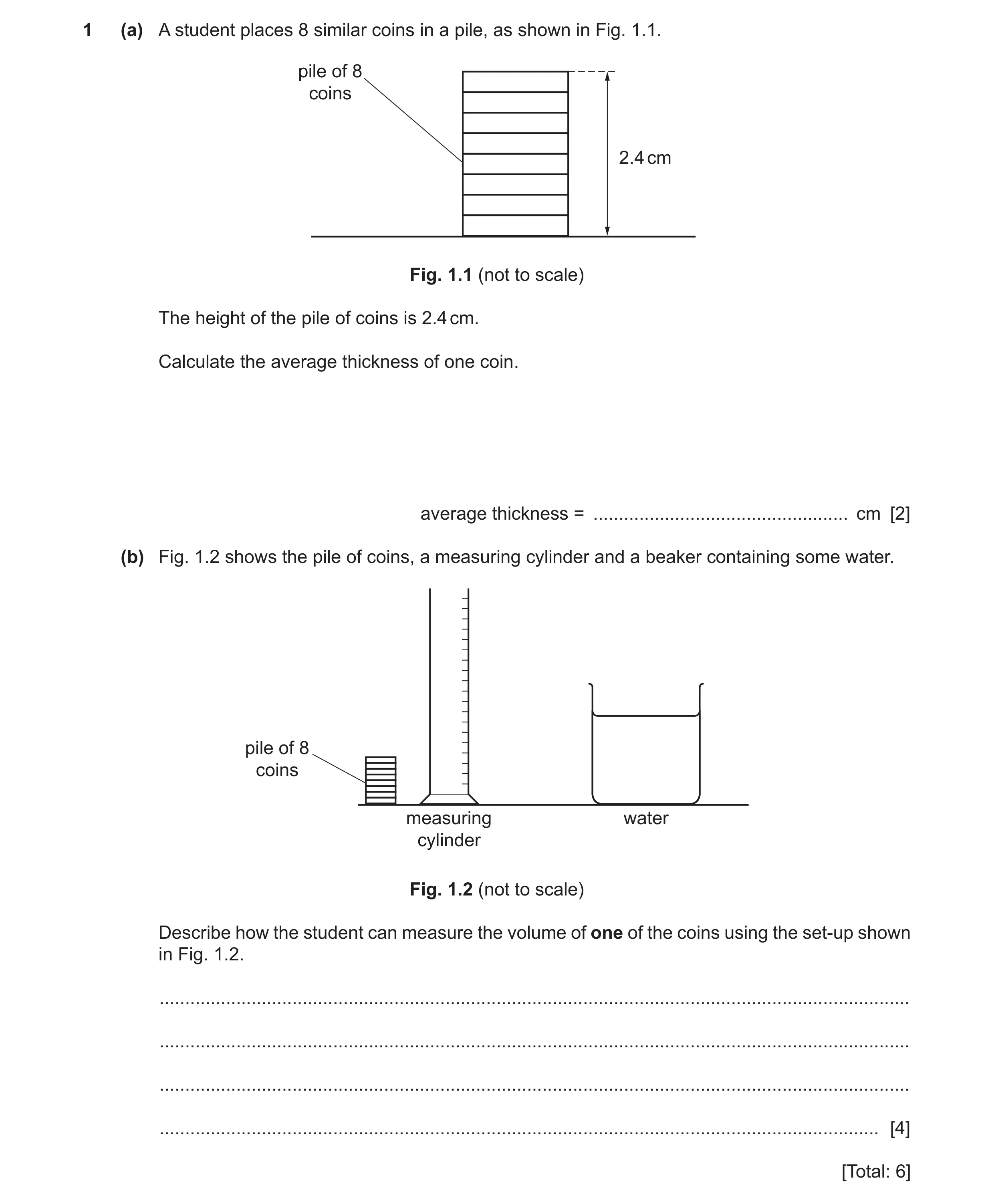 Question 17: (a) A student places 8 similar coins in a pile, as shown in Fig. 1.1. pile of 8 coins 2.4 cm Fig. 1.1 (not to scale) The height of the pile…