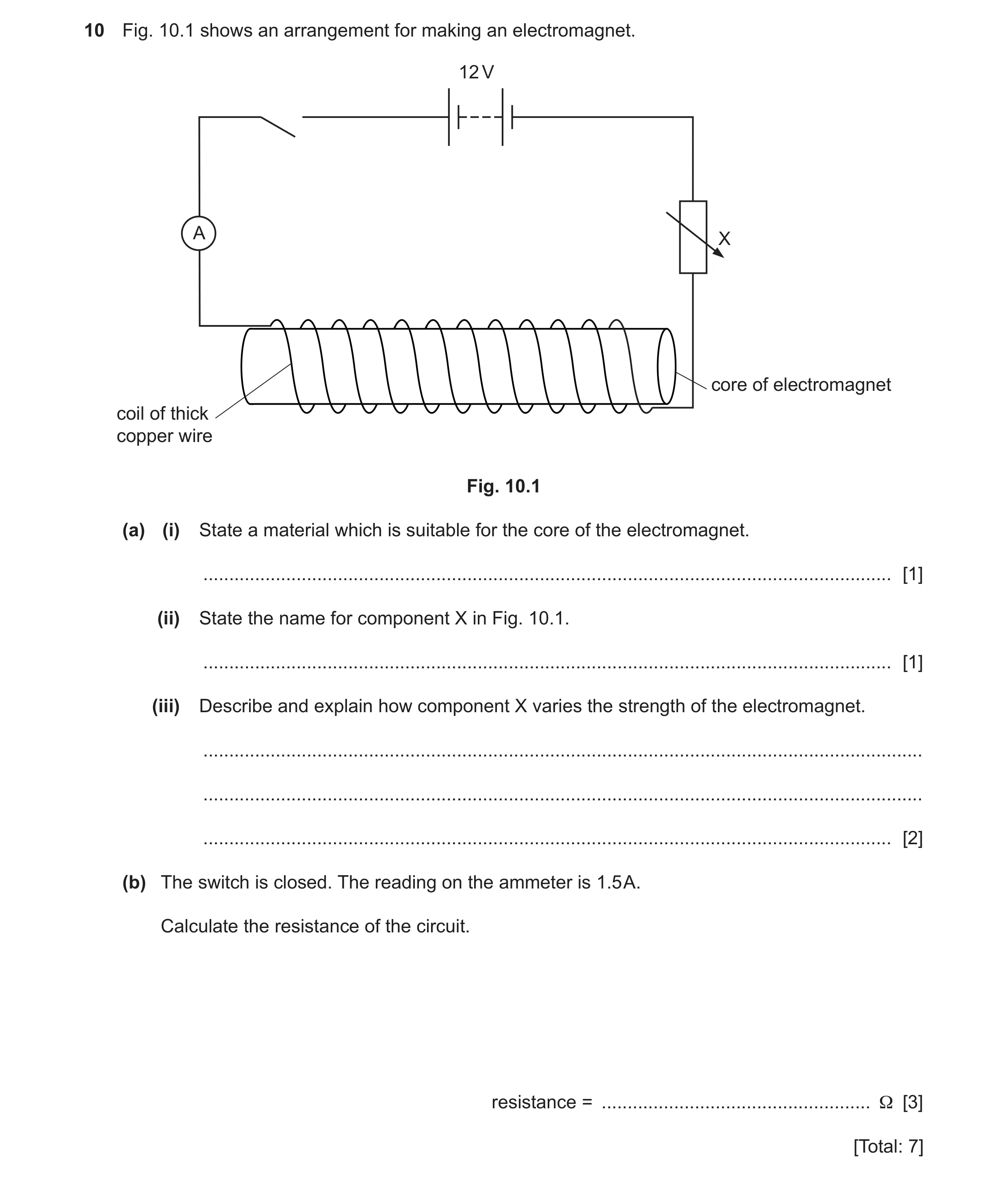 Question 23: Fig. 10.1 shows an arrangement for making an electromagnet. 12 V A X core of electromagnet coil of thick copper wire Fig. 10.1 (a) (i) Stat…