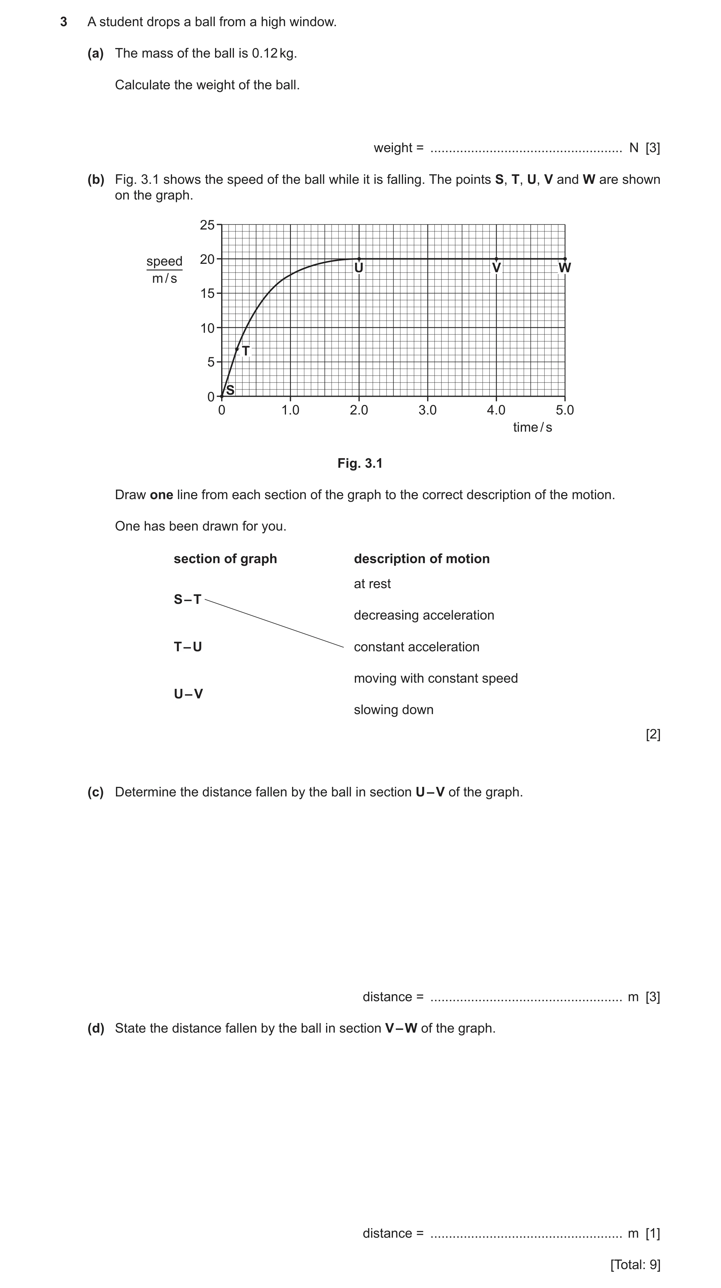 Question 25: A student drops a ball from a high window. (a) The mass of the ball is 0.12 kg. Calculate the weight of the ball. weight = ................…