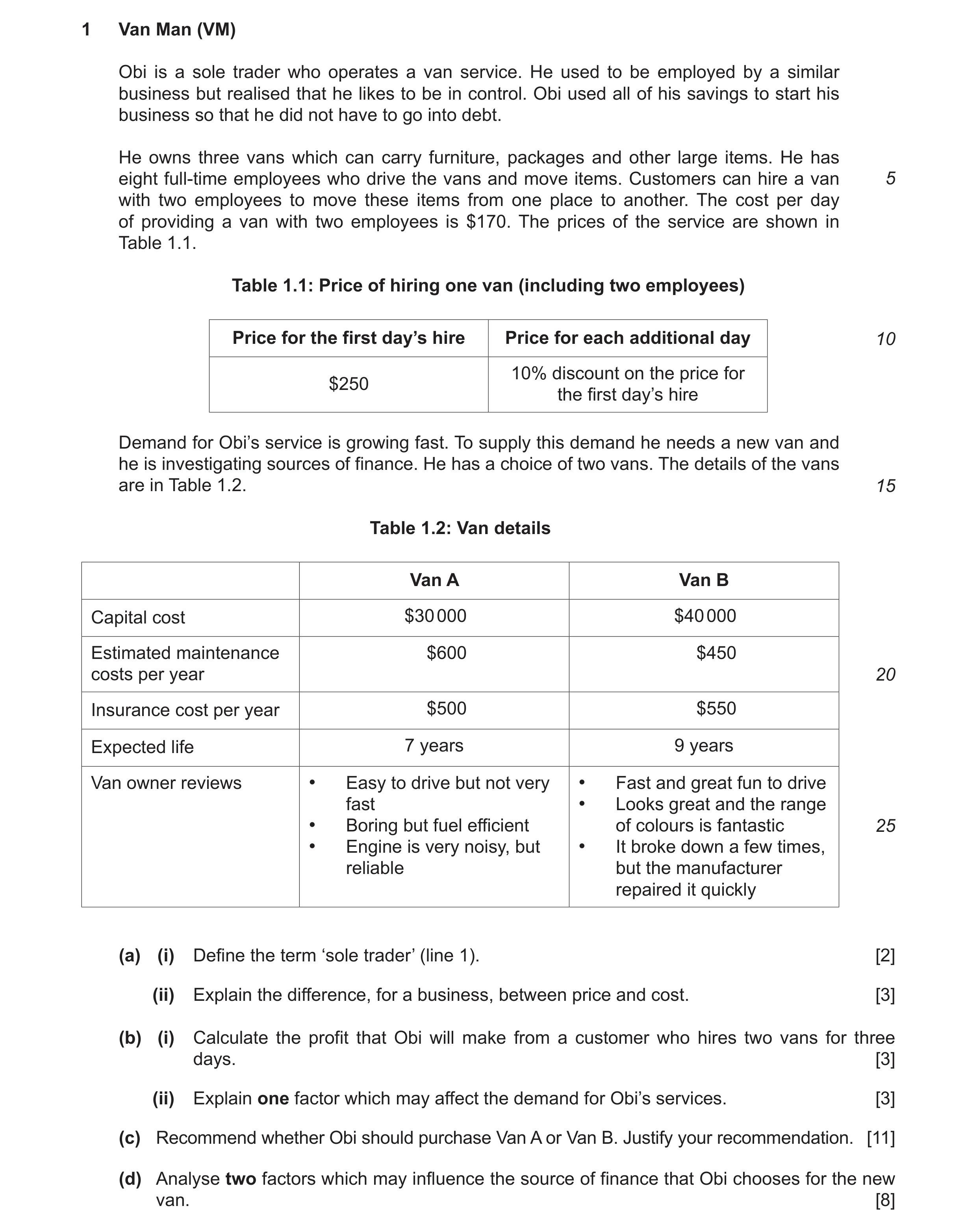 Question 23: Van Man (VM) Obi is a sole trader who operates a van service. He used to be employed by a similar business but realised that he likes to be…