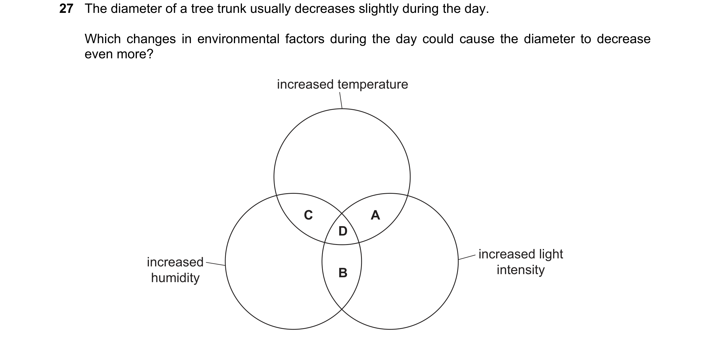 Question 235: The diameter of a tree trunk usually decreases slightly during the day. Which changes in environmental factors during the day could cause t…