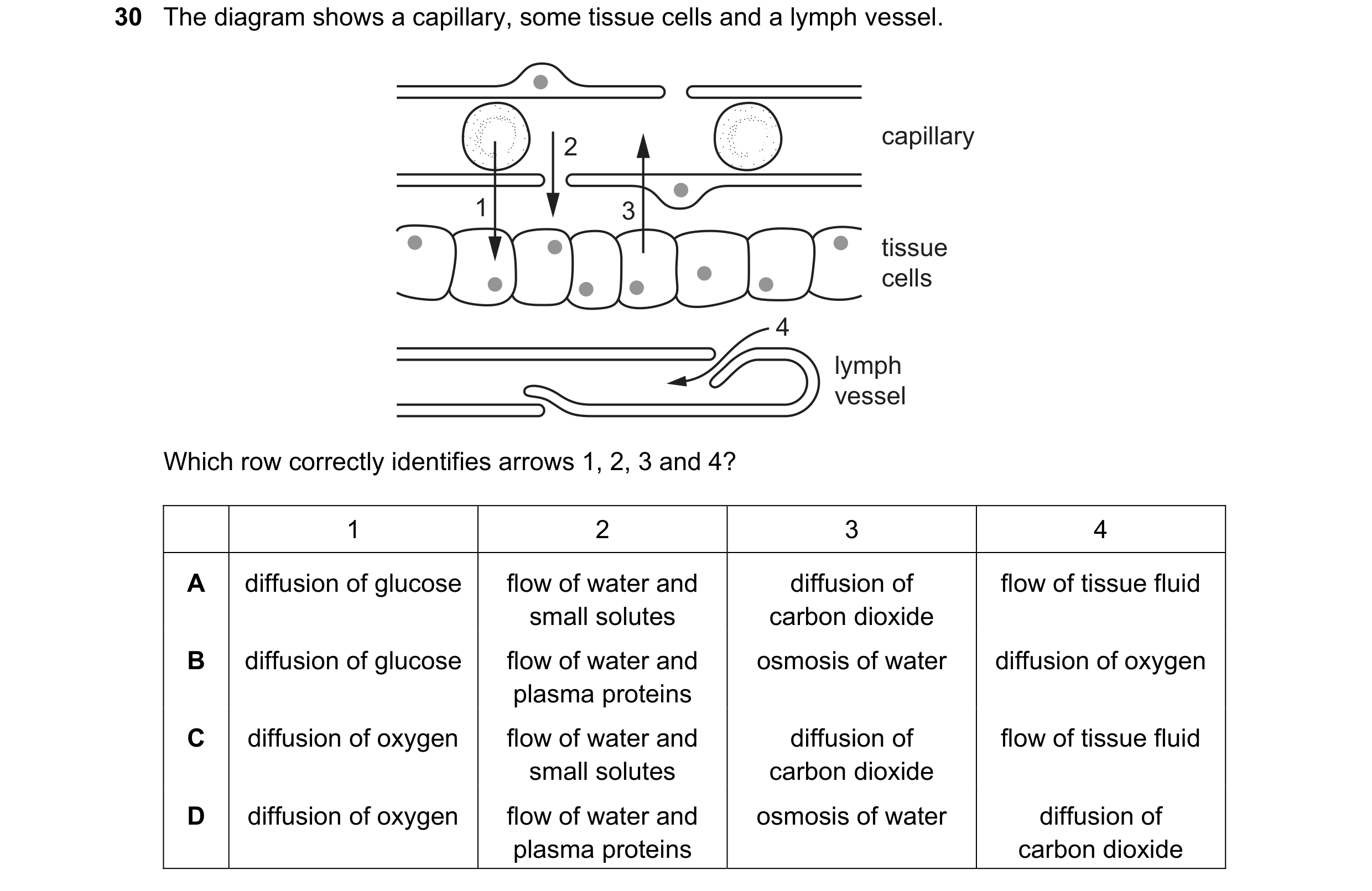 Question 109: The diagram shows a capillary, some tissue cells and a lymph vessel. 2 capillary 1 3 tissue cells 4 lymph vessel Which row correctly identi…