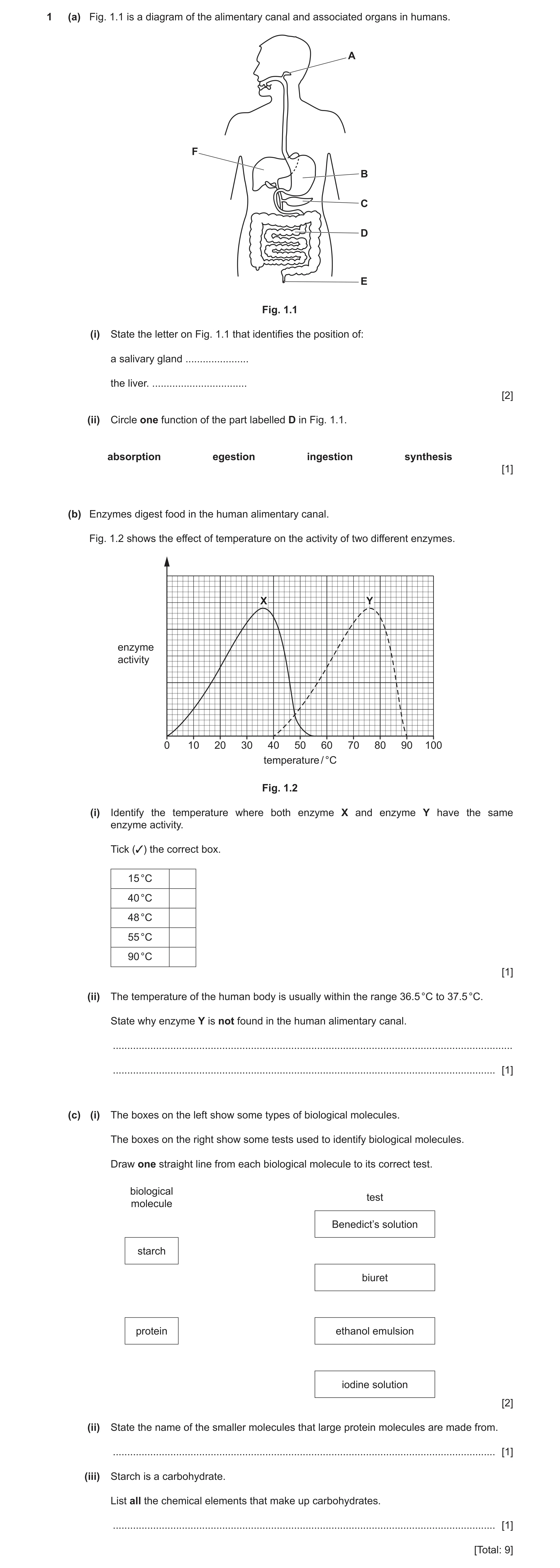 Question 17: (a) Fig. 1.1 is a diagram of the alimentary canal and associated organs in humans. A F B C D E Fig. 1.1 (i) State the letter on Fig. 1.1 th…