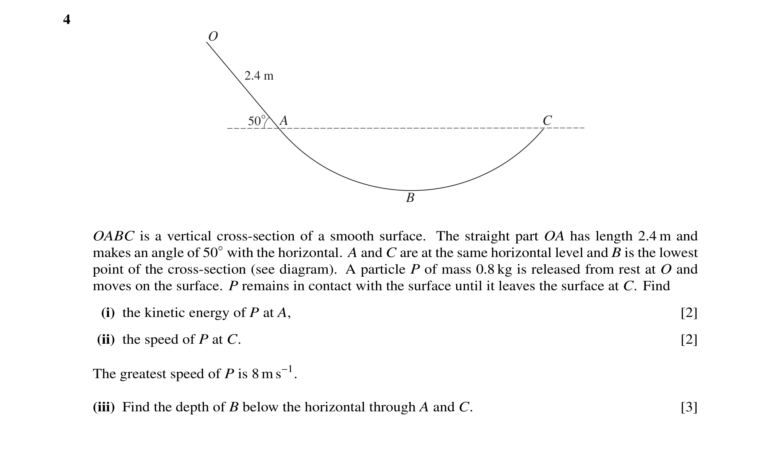 Question 10: O 2.4 m 50° A C B OABC is a vertical cross-section of a smooth surface. The straight part OA has length 2.4 m and makes an angle of 50◦with…