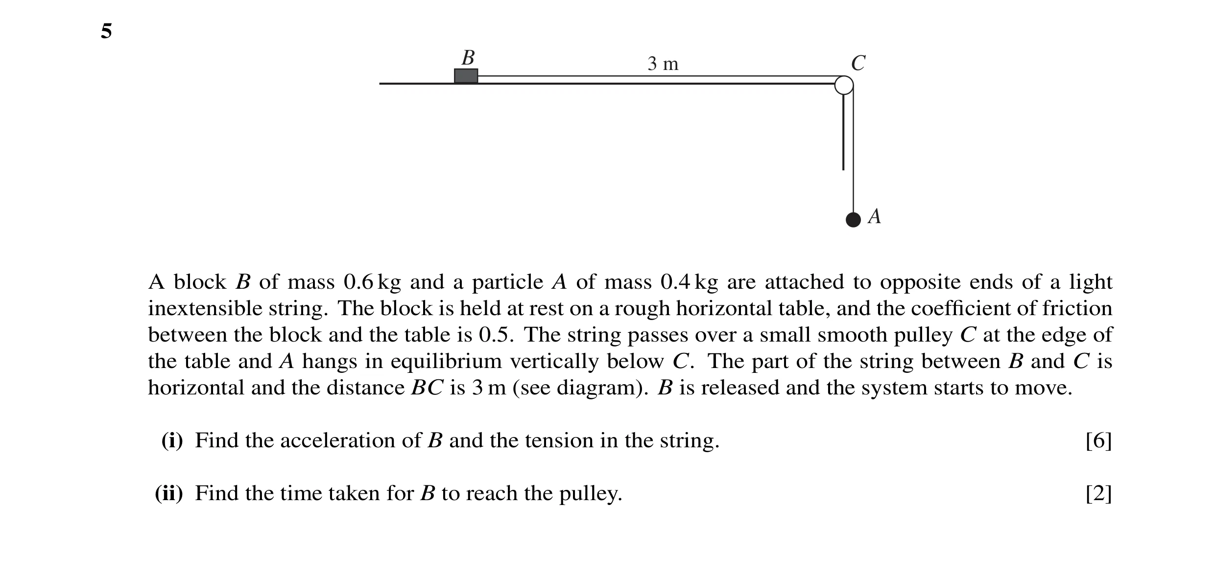 Question 3: B 3 m C A A block B of mass 0.6 kg and a particle A of mass 0.4 kg are attached to opposite ends of a light inextensible string. The block …