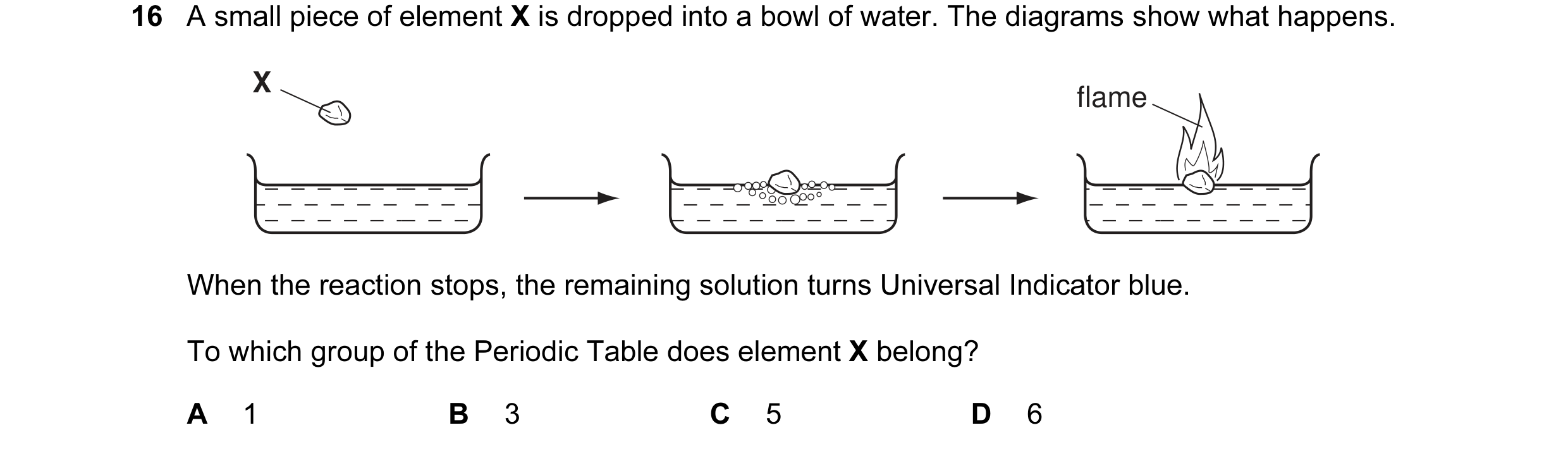 Question 1: A small piece of element X is dropped into a bowl of water. The diagrams show what happens. X flame When the reaction stops, the remaining …