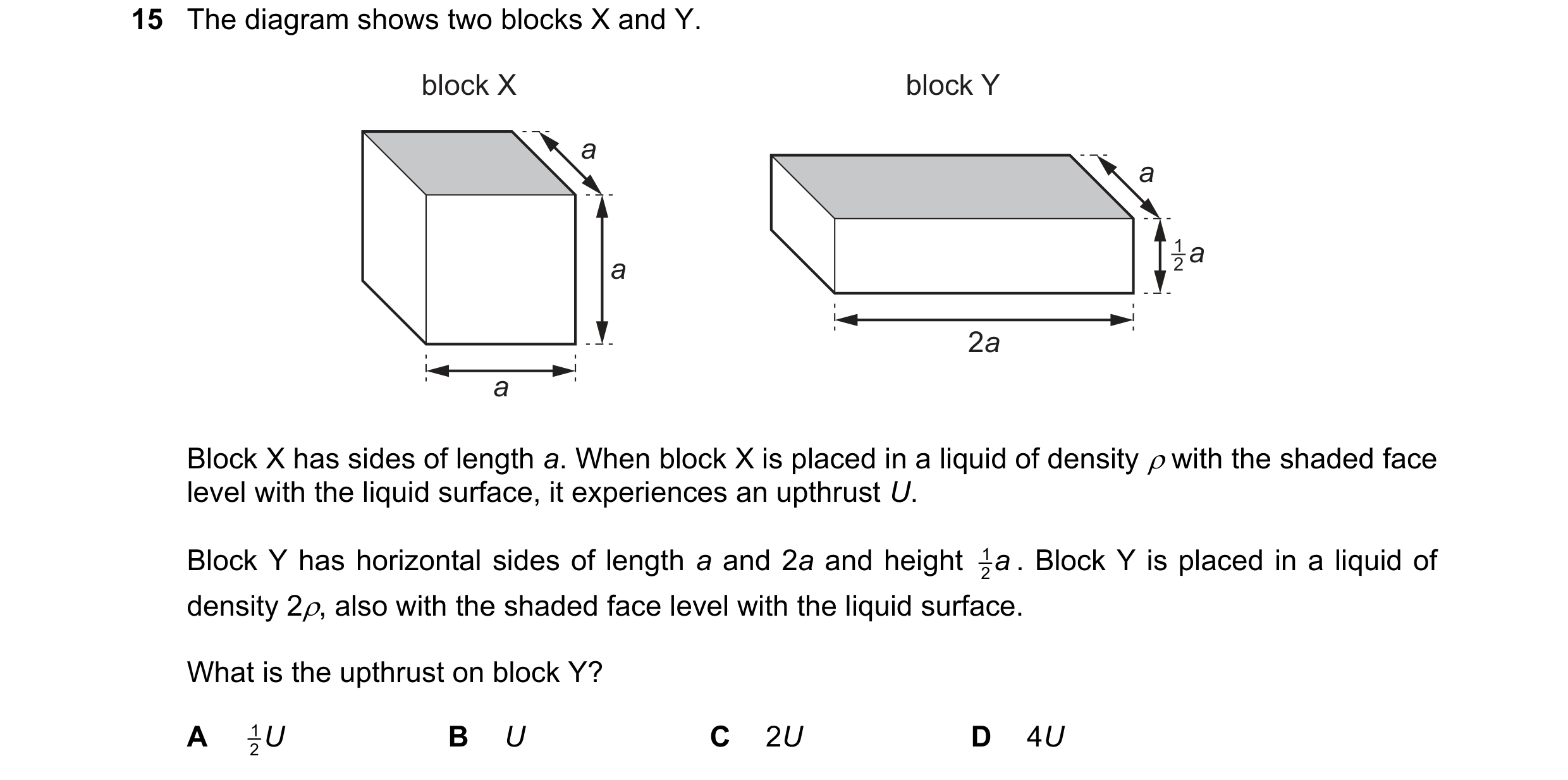 Question 135: The diagram shows two blocks X and Y. block X block Y a a 1 a a 2 2a a Block X has sides of length a. When block X is placed in a liquid of…