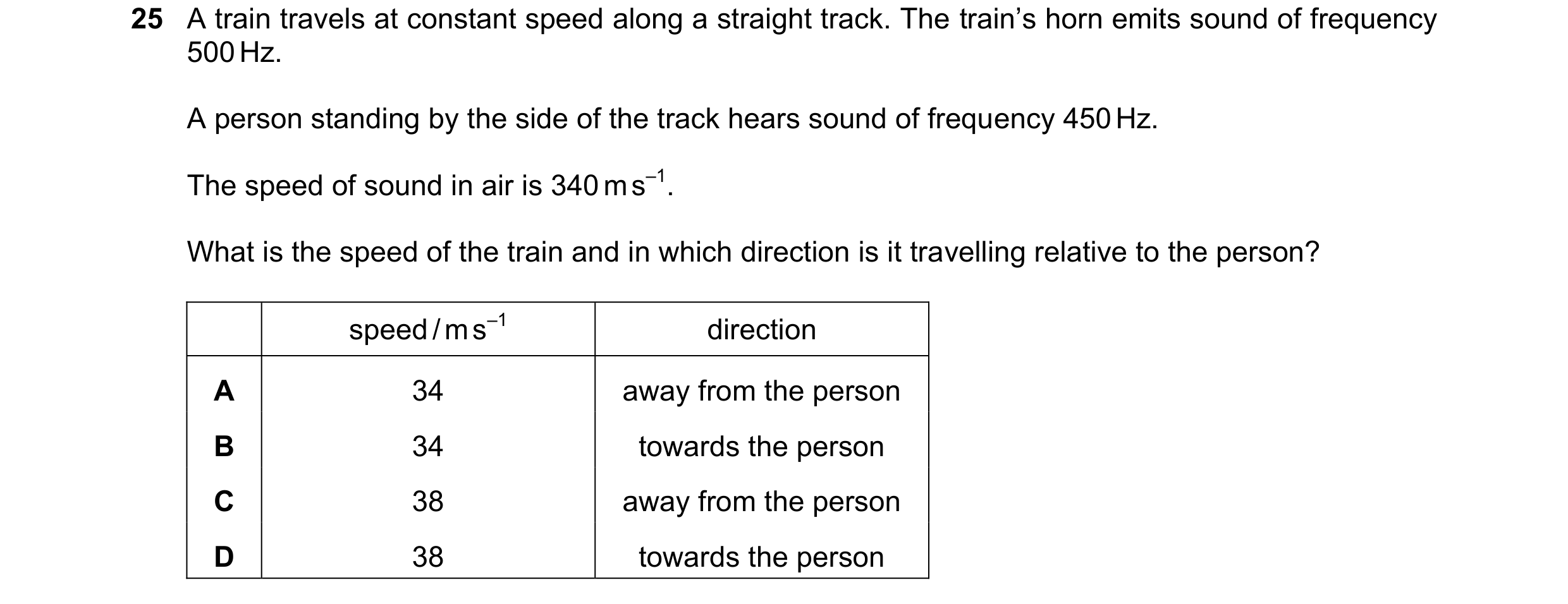 Question 41: A train travels at constant speed along a straight track. The train’s horn emits sound of frequency 500 Hz. A person standing by the side o…