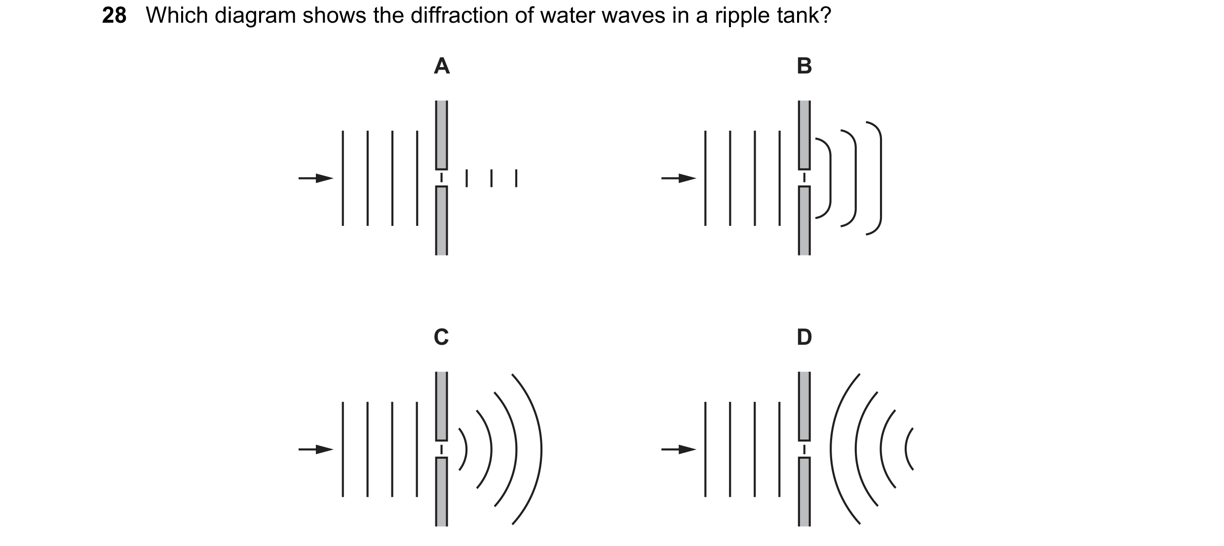 Question 51: Which diagram shows the diffraction of water waves in a ripple tank? A B C D