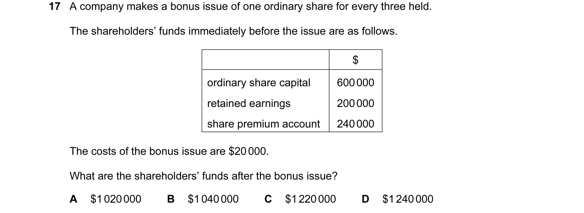 Question 35: A company makes a bonus issue of one ordinary share for every three held. The shareholders’ funds immediately before the issue are as follo…