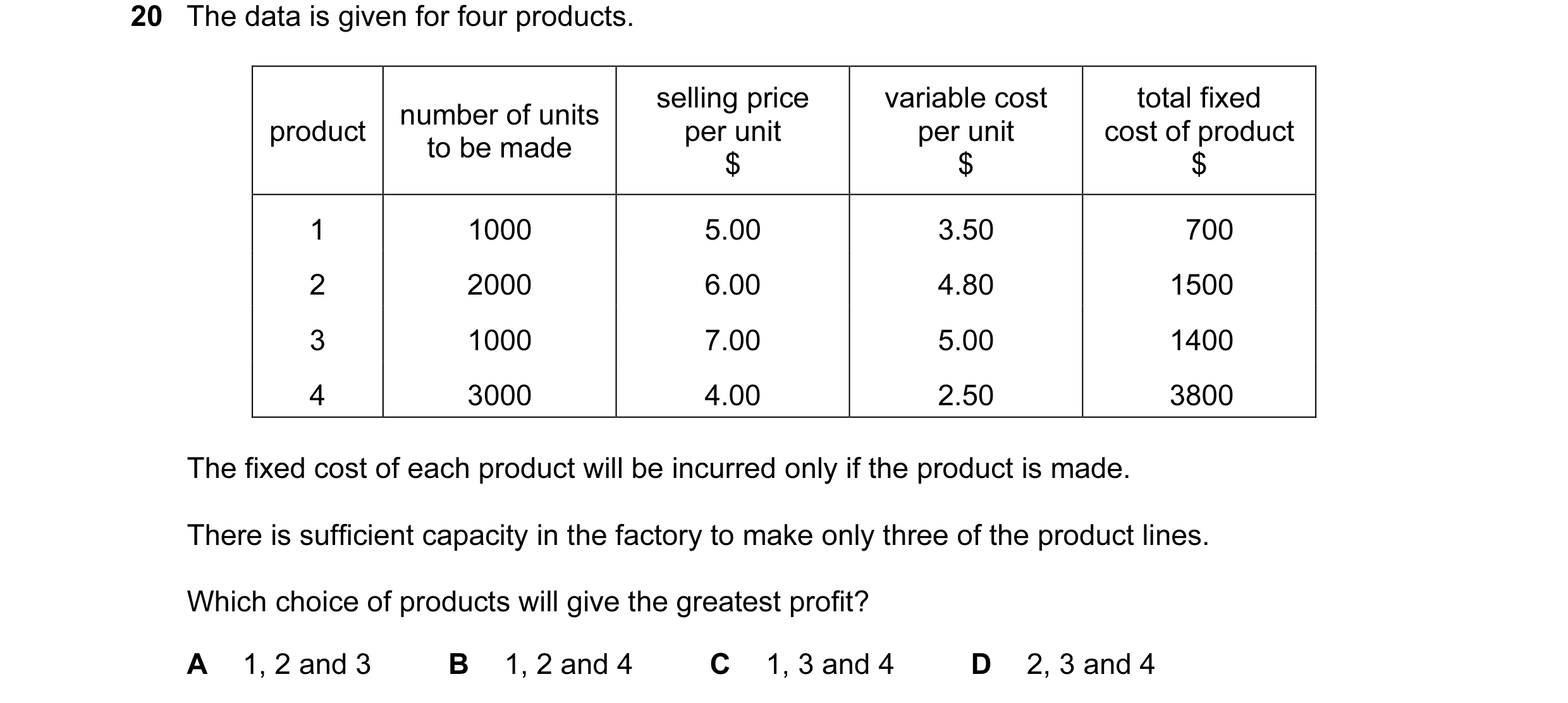 Question 79: The data is given for four products. selling price variable cost total fixed number of units product per unit per unit cost of product to b…