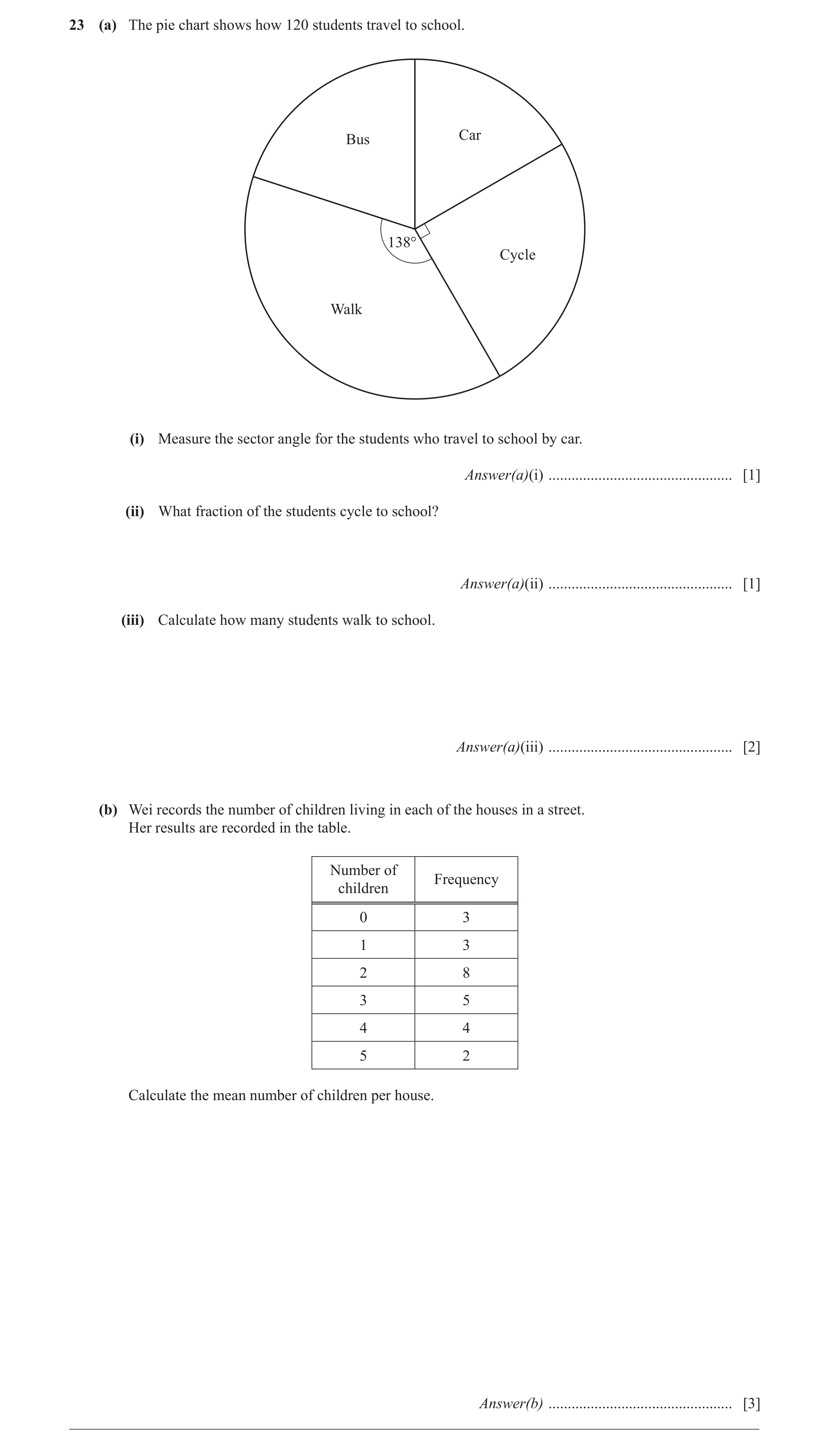 Question 8: (a) The pie chart shows how 120 students travel to school. Car Bus 138° Cycle Walk (i) Measure the sector angle for the students who travel…
