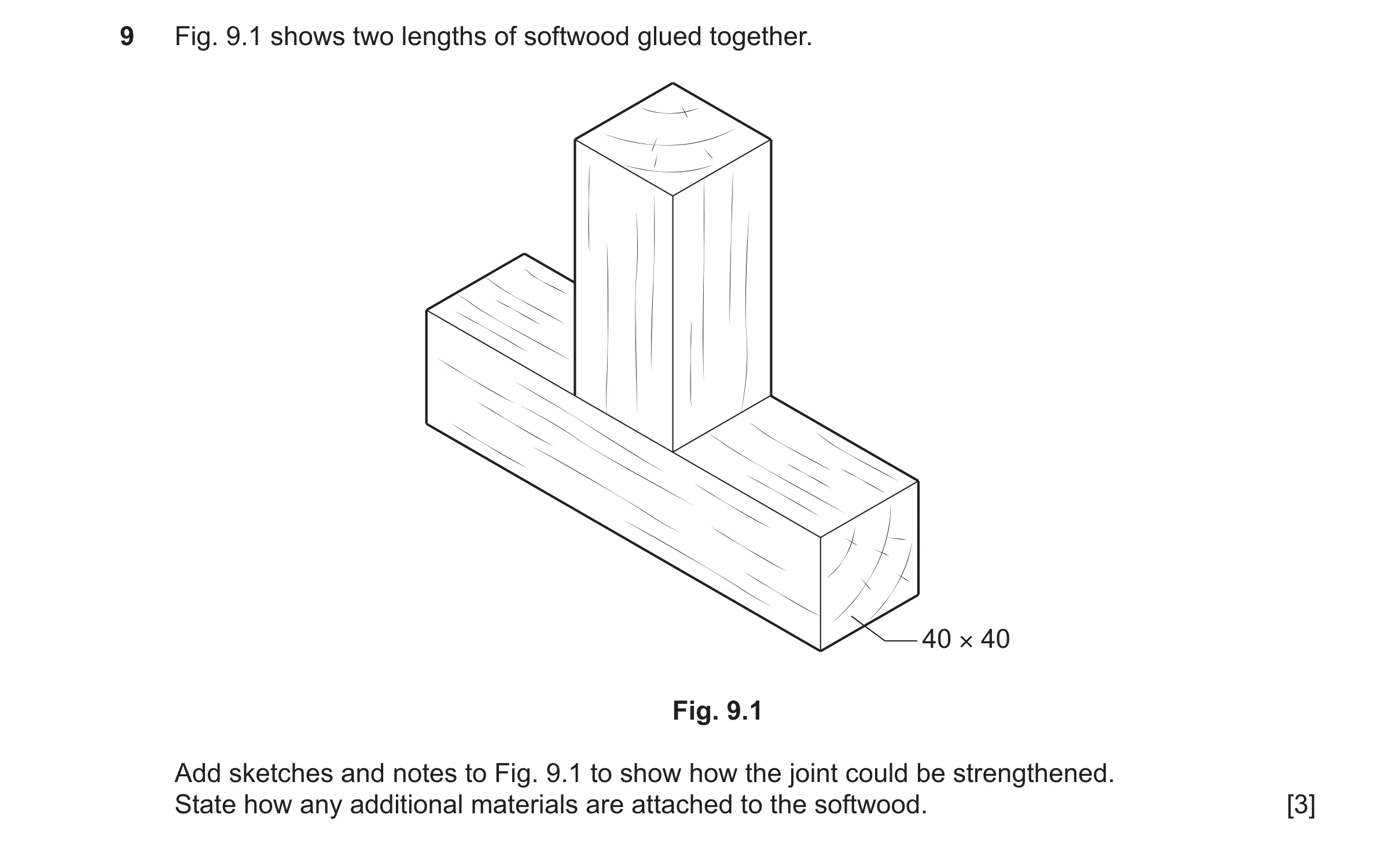 Question 414: Fig. 9.1 shows two lengths of softwood glued together. 40 × 40 Fig. 9.1 Add sketches and notes to Fig. 9.1 to show how the joint could be s…