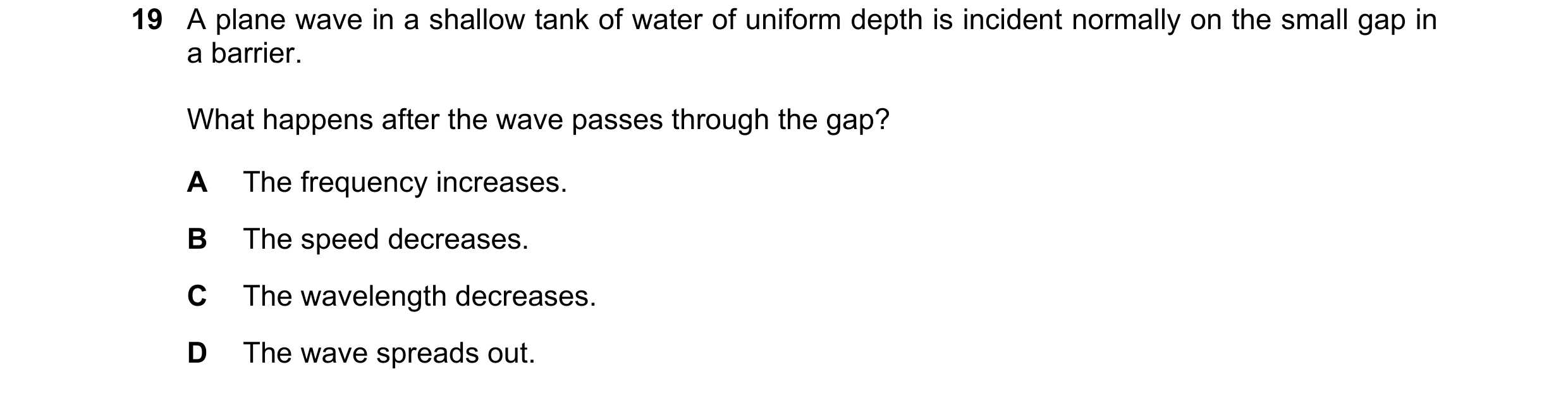 Question 147: A plane wave in a shallow tank of water of uniform depth is incident normally on the small gap in a barrier. What happens after the wave pa…