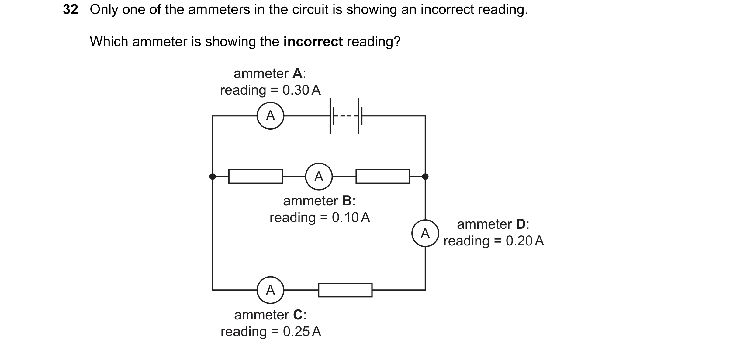 Question 253: Only one of the ammeters in the circuit is showing an incorrect reading. Which ammeter is showing the incorrect reading? ammeter A: reading…
