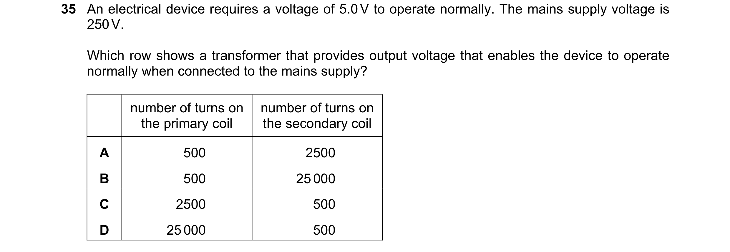 Question 165: An electrical device requires a voltage of 5.0 V to operate normally. The mains supply voltage is 250 V. Which row shows a transformer that…