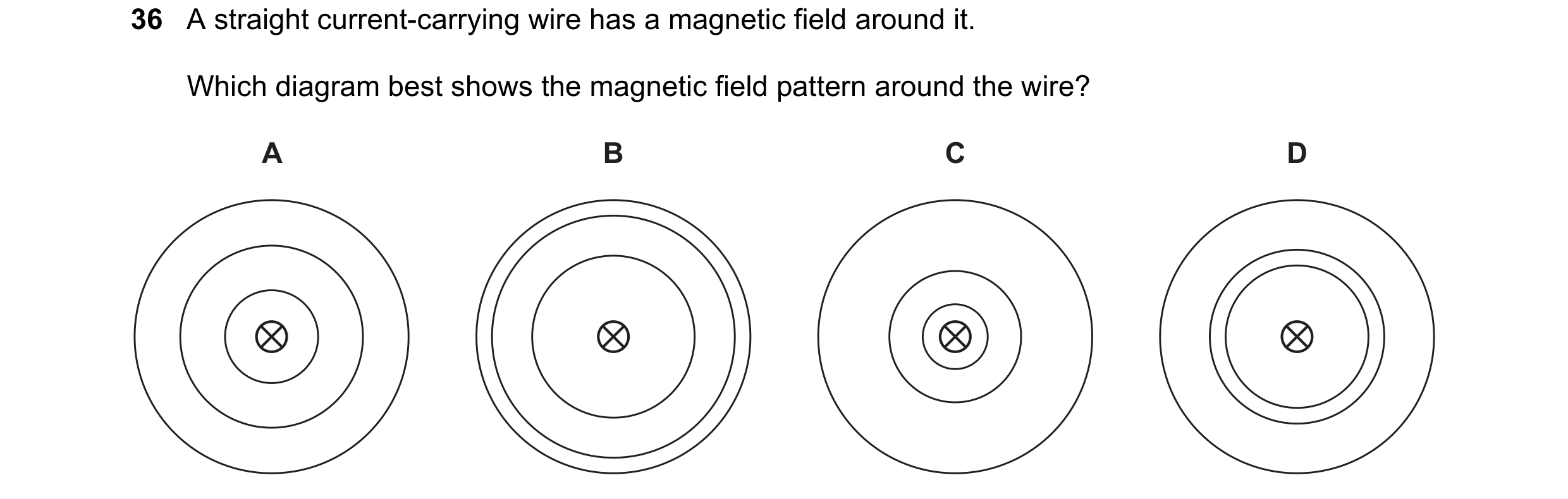 Question 166: A straight current-carrying wire has a magnetic field around it. Which diagram best shows the magnetic field pattern around the wire? A B C…