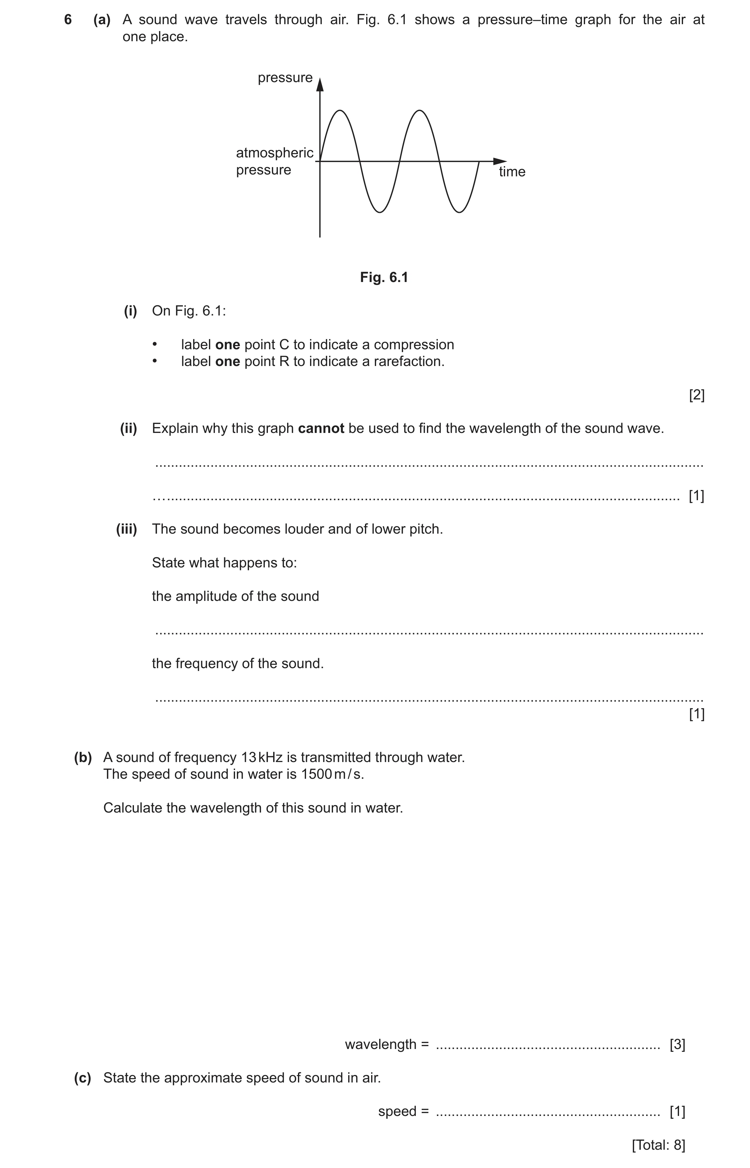 Question 24: (a) A sound wave travels through air. Fig. 6.1 shows a pressure–time graph for the air at one place. pressure atmospheric pressure time Fig…