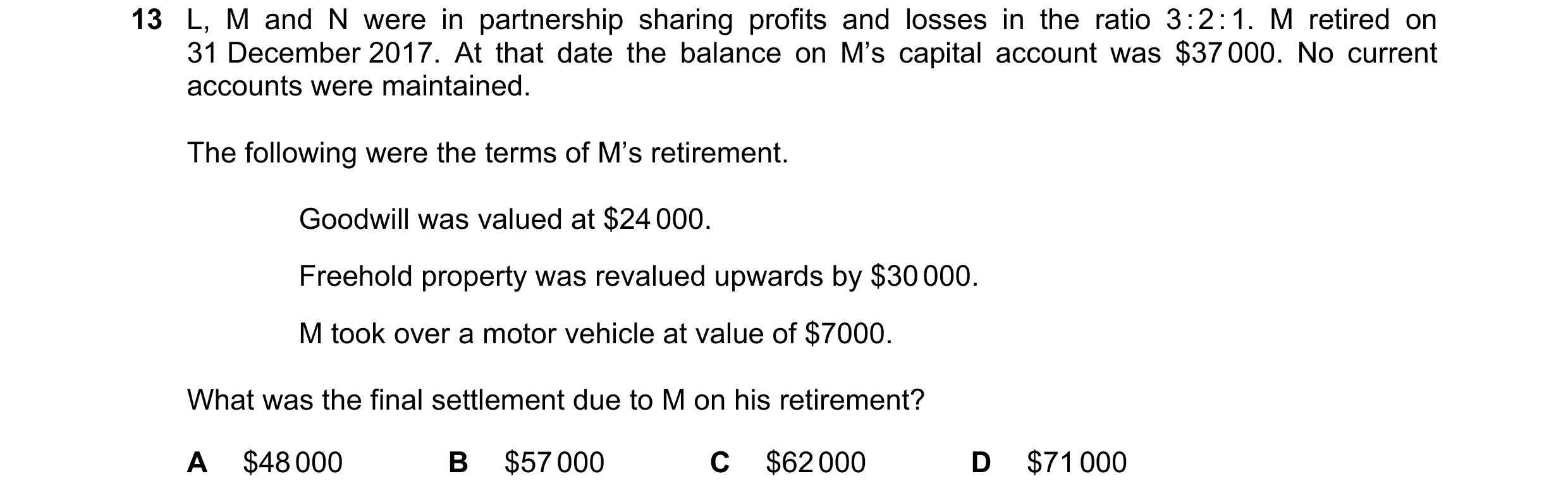 Question 246: L, M and N were in partnership sharing profits and losses in the ratio 3 : 2 : 1. M retired on 31 December 2017. At that date the balance o…