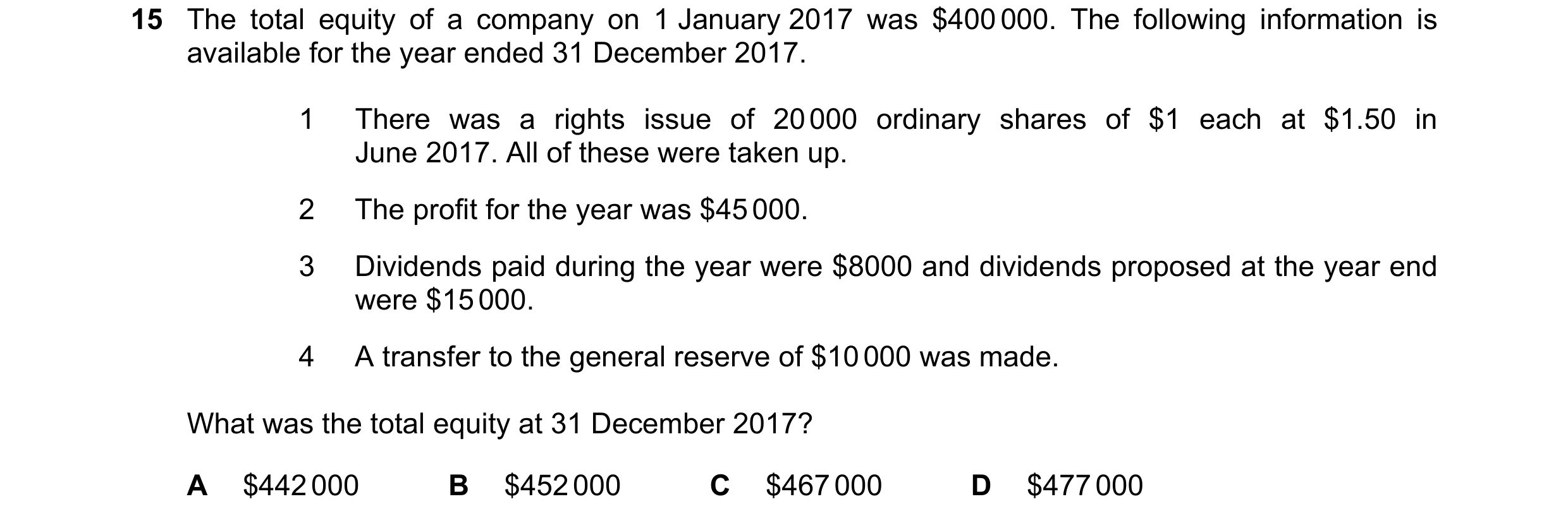 Question 38: The total equity of a company on 1 January 2017 was $400 000. The following information is available for the year ended 31 December 2017. 1…