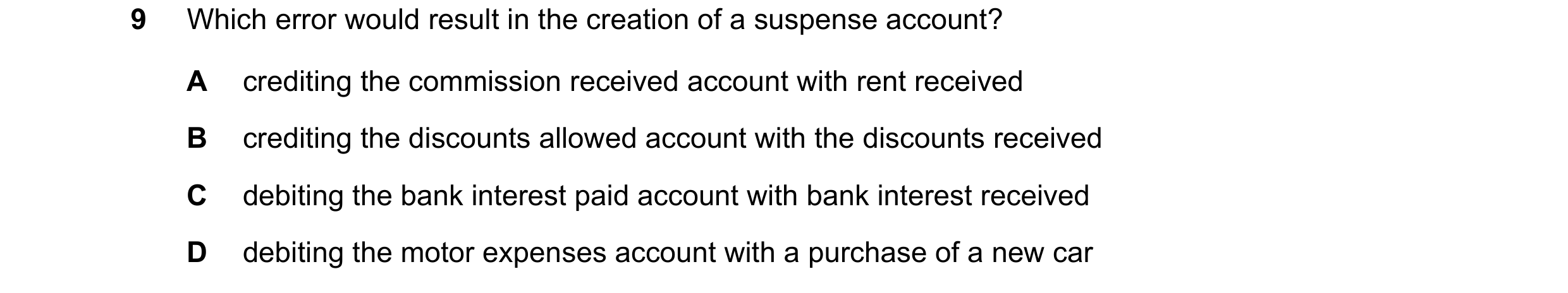 Question 228: Which error would result in the creation of a suspense account? A crediting the commission received account with rent received B crediting …
