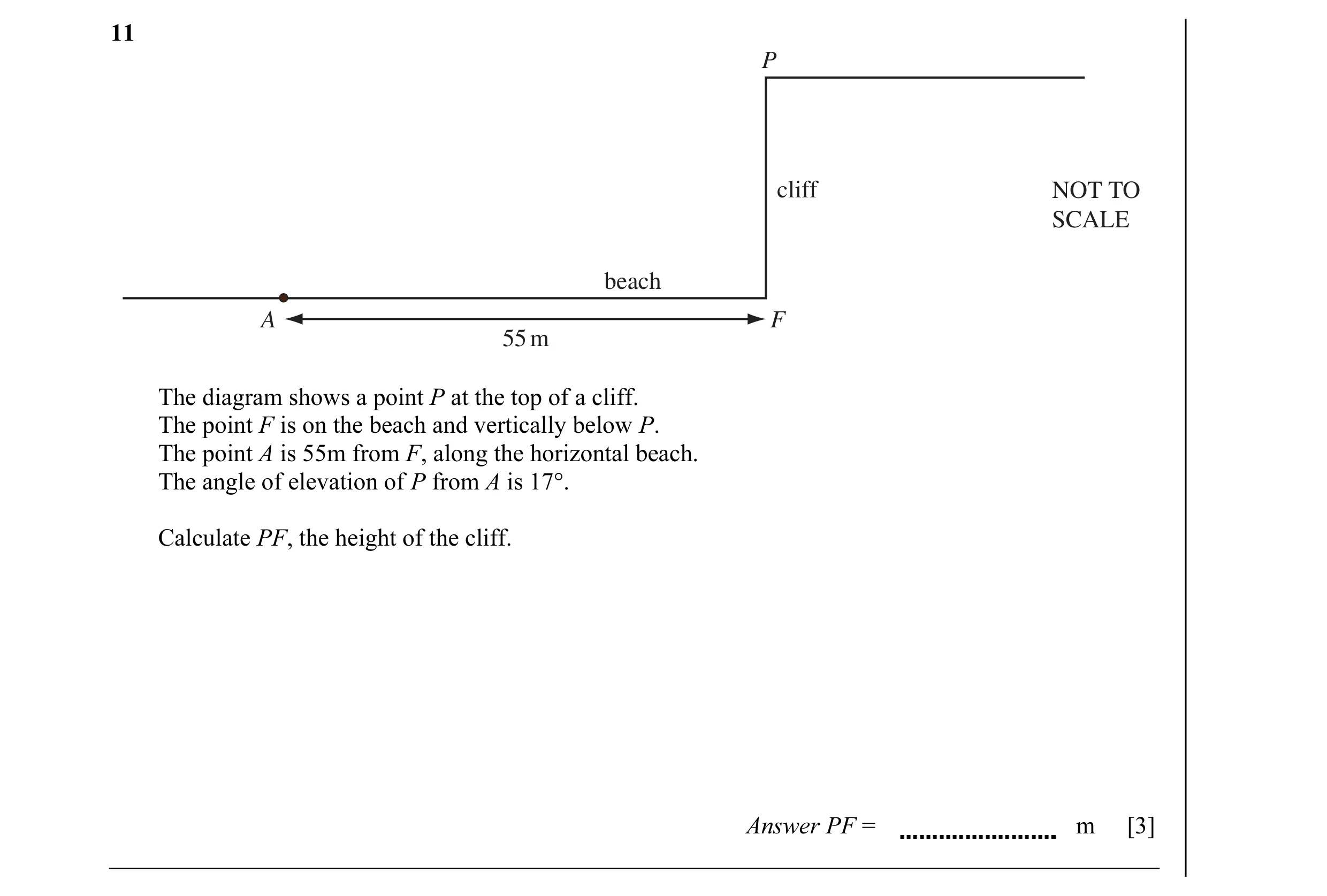 Question 5: P cliff NOT TO SCALE beach A F 55 m The diagram shows a point P at the top of a cliff. The point F is on the beach and vertically below P. …