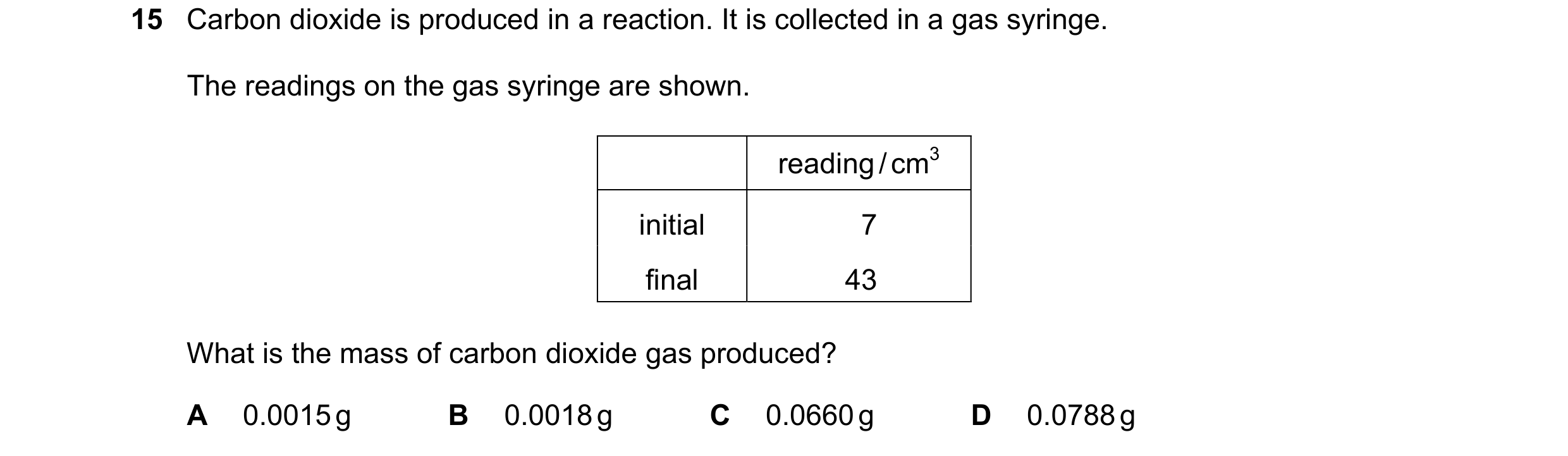 Question 7: Carbon dioxide is produced in a reaction. It is collected in a gas syringe. The readings on the gas syringe are shown. reading / cm3 initia…