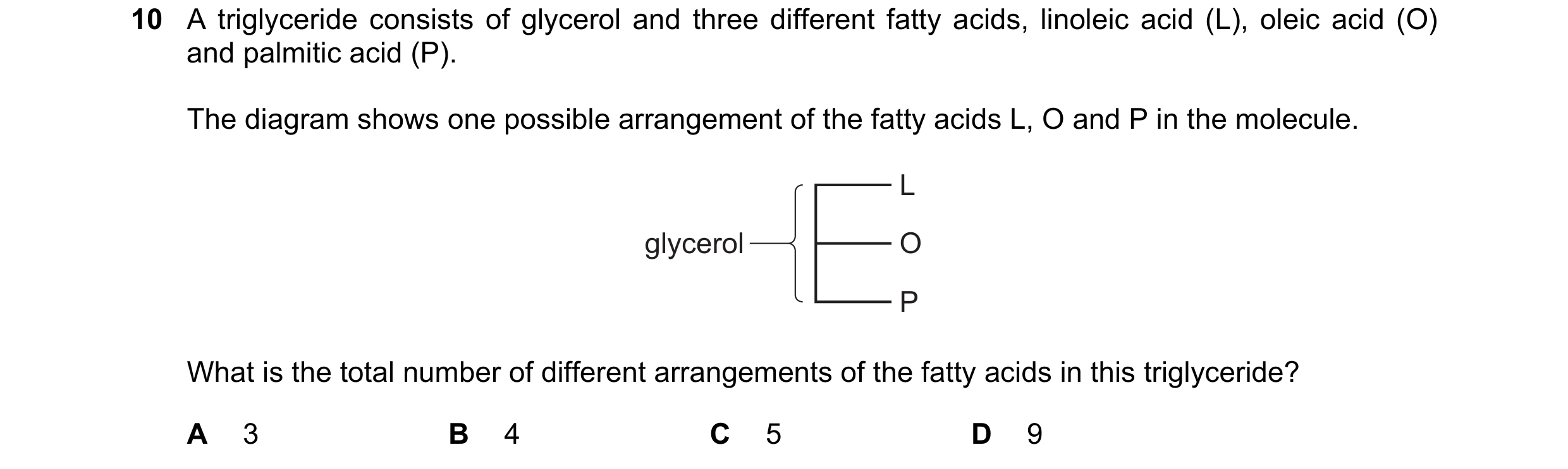 Question 190: A triglyceride consists of glycerol and three different fatty acids, linoleic acid (L), oleic acid (O) and palmitic acid (P). The diagram s…