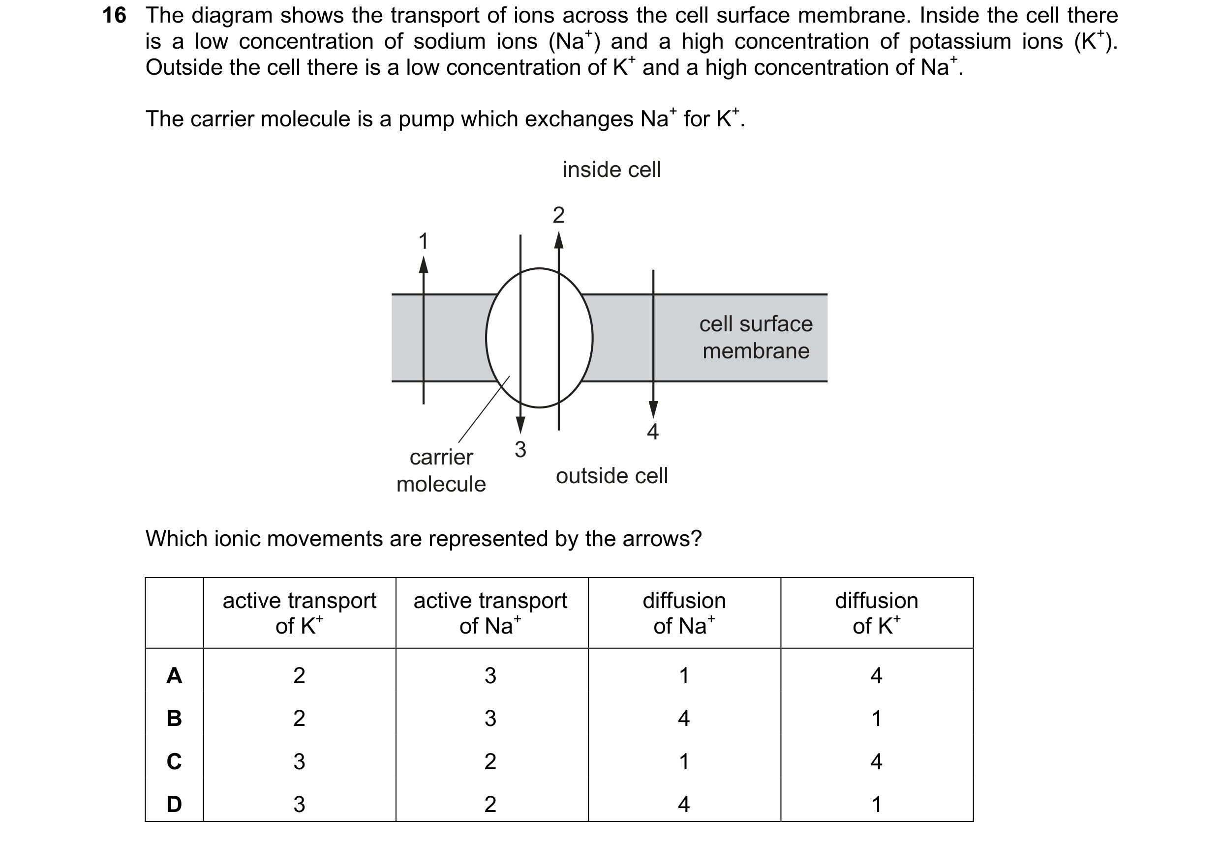 Question 139: The diagram shows the transport of ions across the cell surface membrane. Inside the cell there is a low concentration of sodium ions (Na+)…