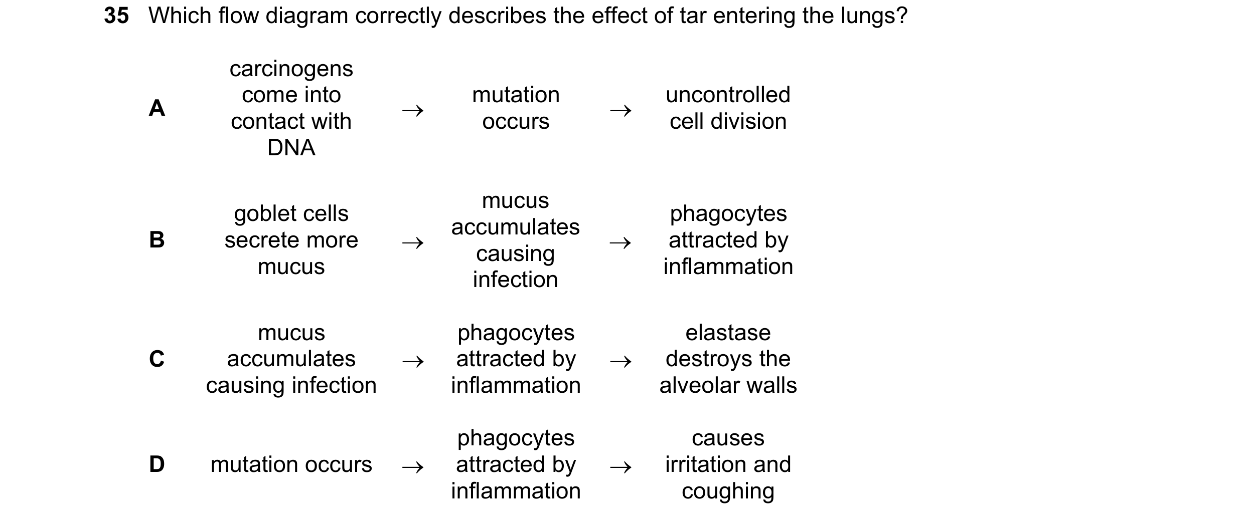 Question 153: Which flow diagram correctly describes the effect of tar entering the lungs? carcinogens come into mutation uncontrolled A → → contact with…