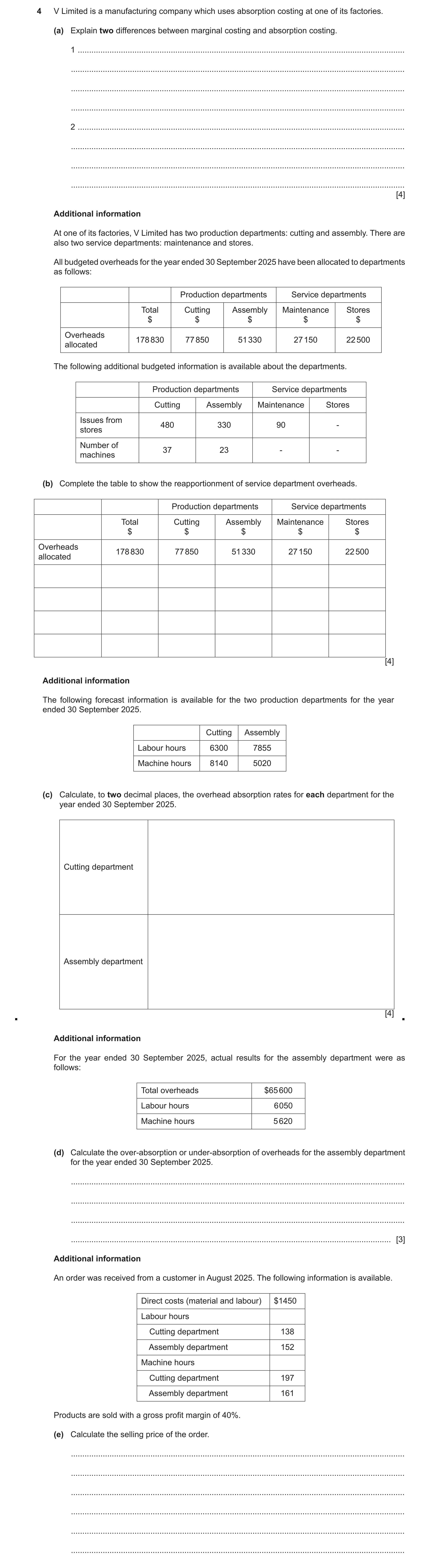 Question 28: V Limited is a manufacturing company which uses absorption costing at one of its factories. (a) Explain two differences between marginal co…