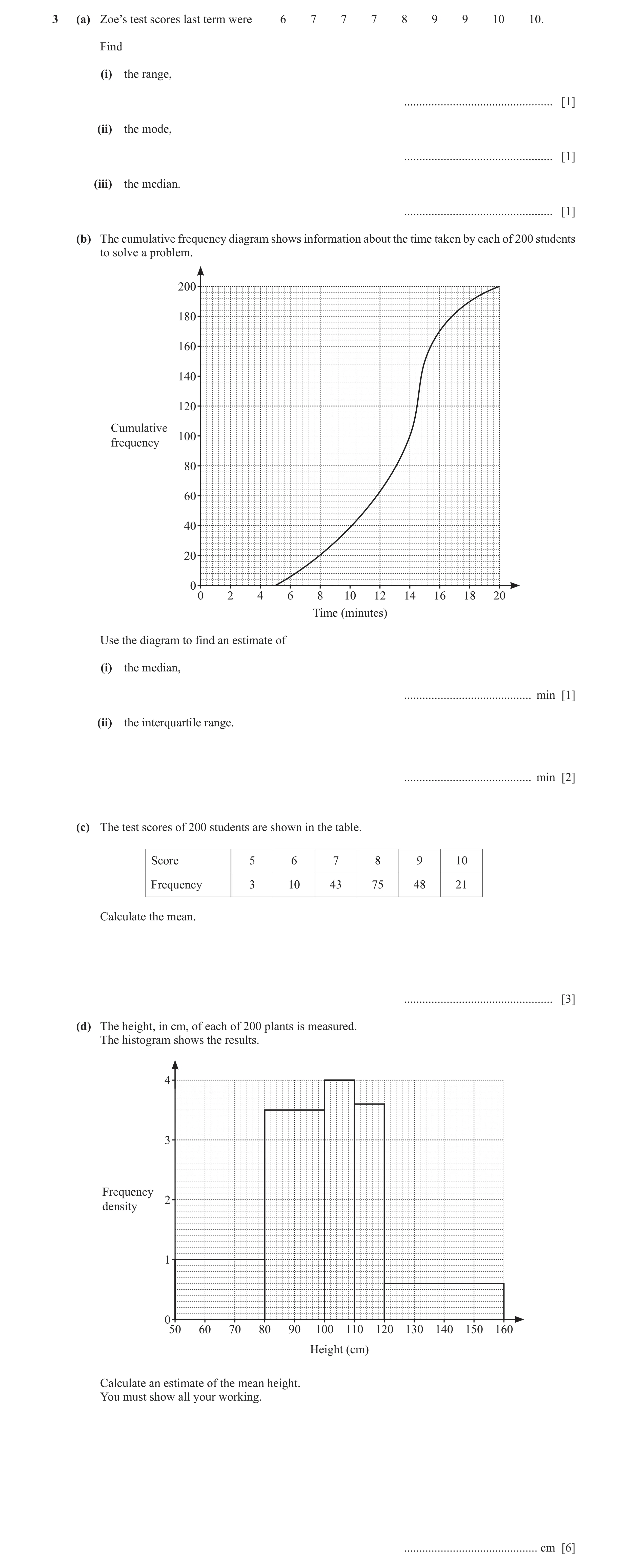 Question 12: (a) Zoe’s test scores last term were 6 7 7 7 8 9 9 10 10. Find (i) the range, ................................................. [1] (ii) th…