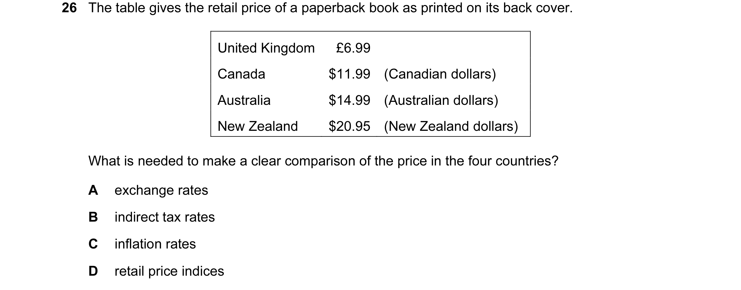 Question 13: The table gives the retail price of a paperback book as printed on its back cover. United Kingdom £6.99 Canada $11.99 (Canadian dollars) Au…