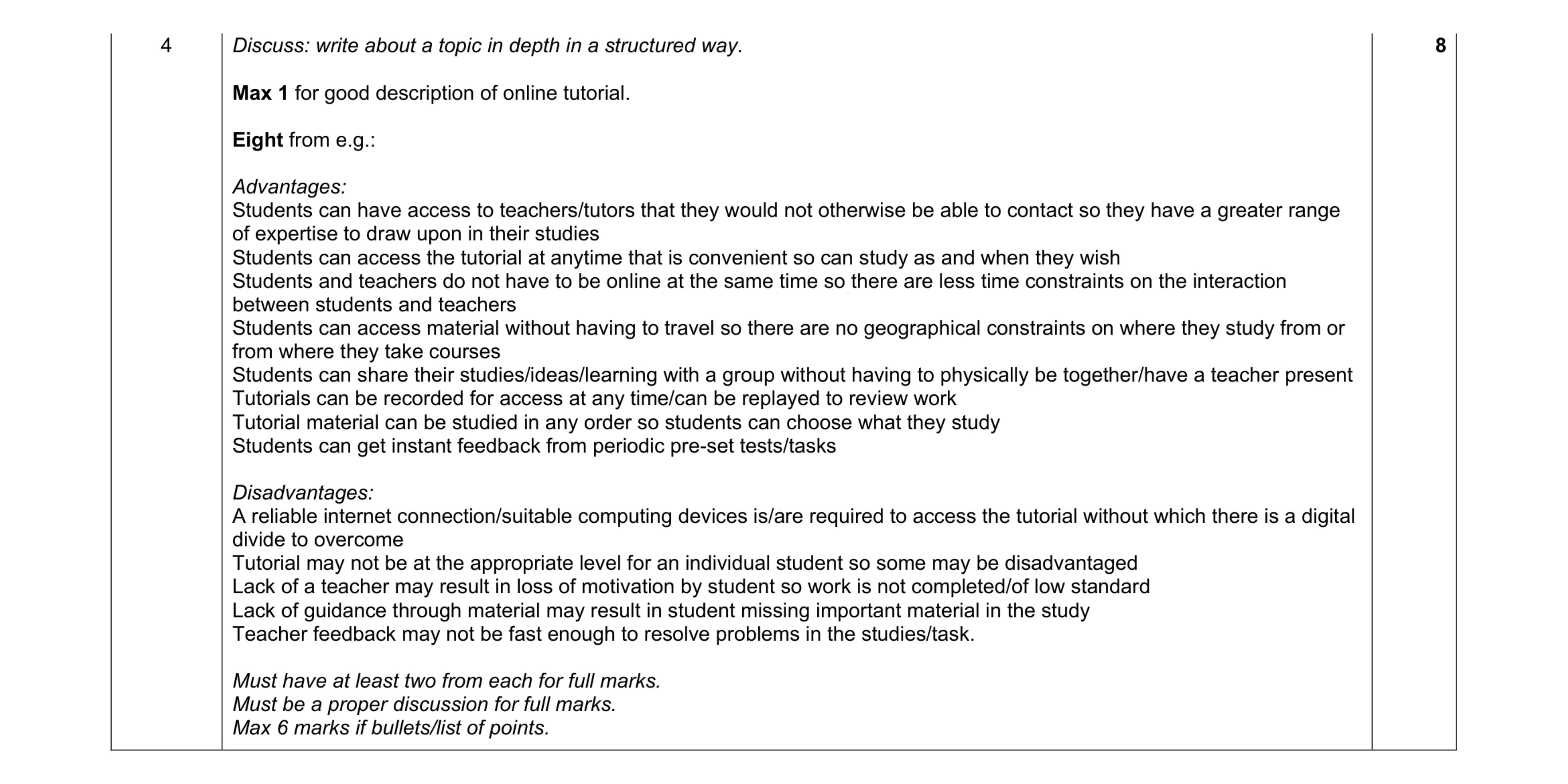 Mark scheme for question 8