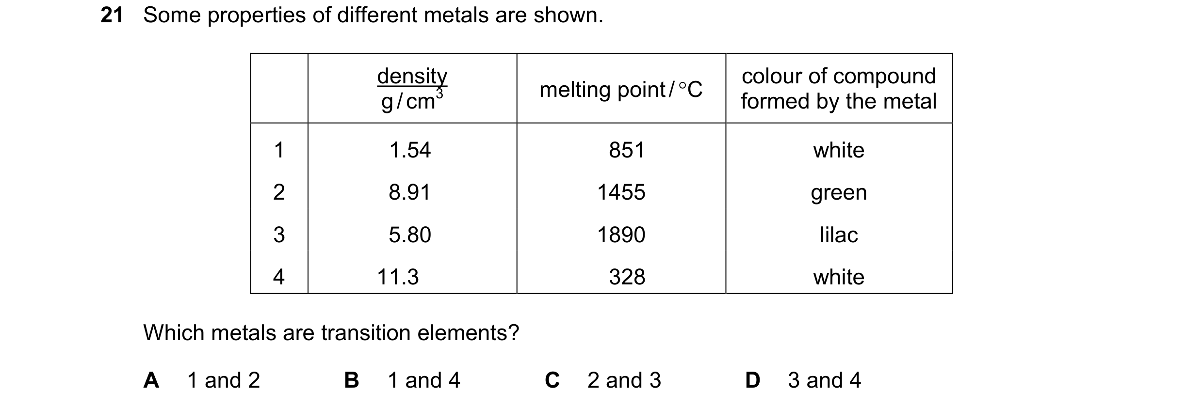 Question 11: Some properties of different metals are shown. density colour of compound melting point / C g / cm3 formed by the metal 1 1.54 851 white 2…