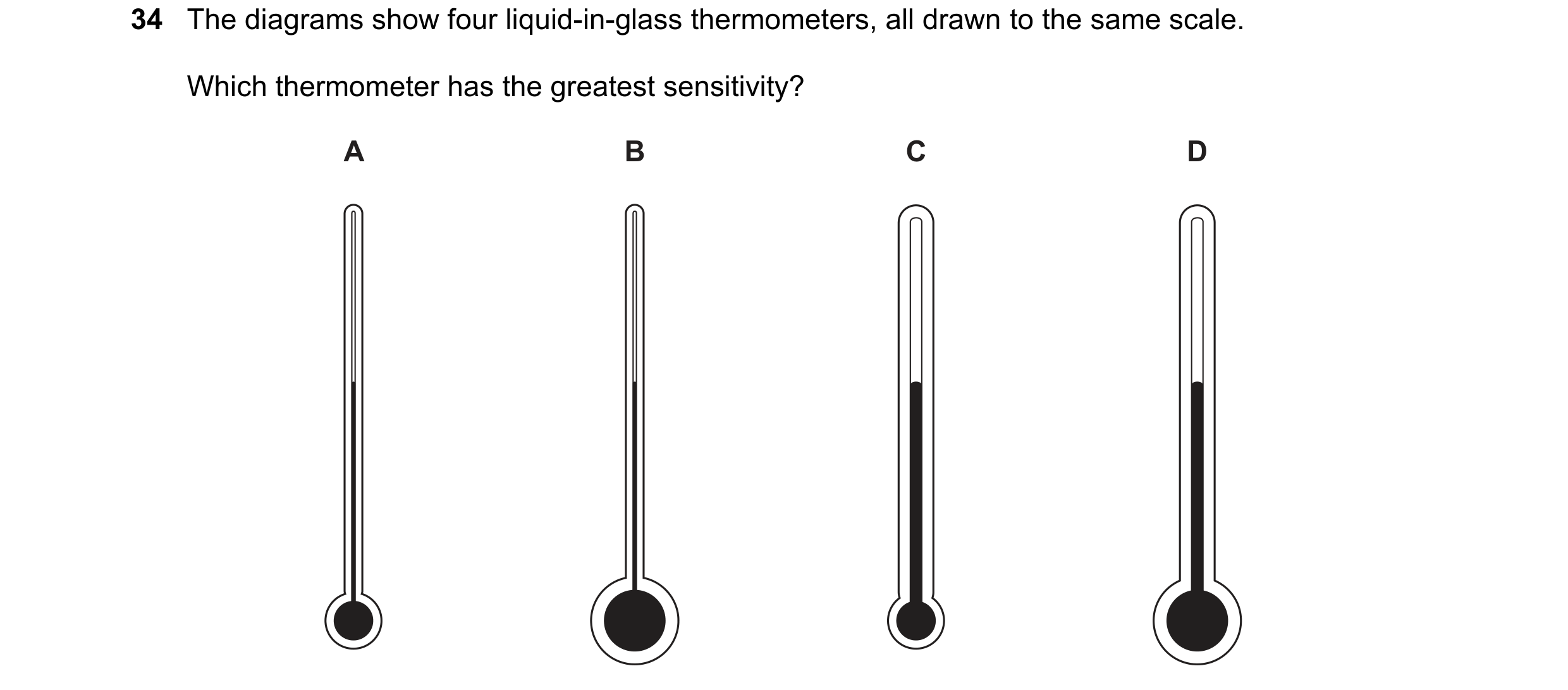 Question 11: The diagrams show four liquid-in-glass thermometers, all drawn to the same scale. Which thermometer has the greatest sensitivity? A B C D