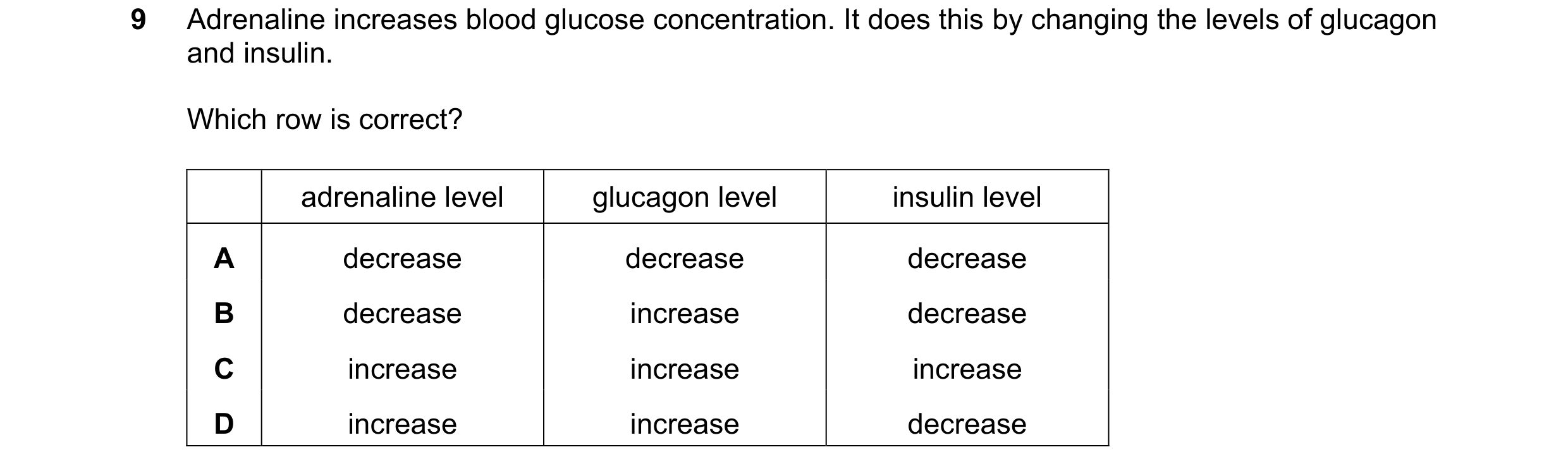 Question 15: Adrenaline increases blood glucose concentration. It does this by changing the levels of glucagon and insulin. Which row is correct? adrena…