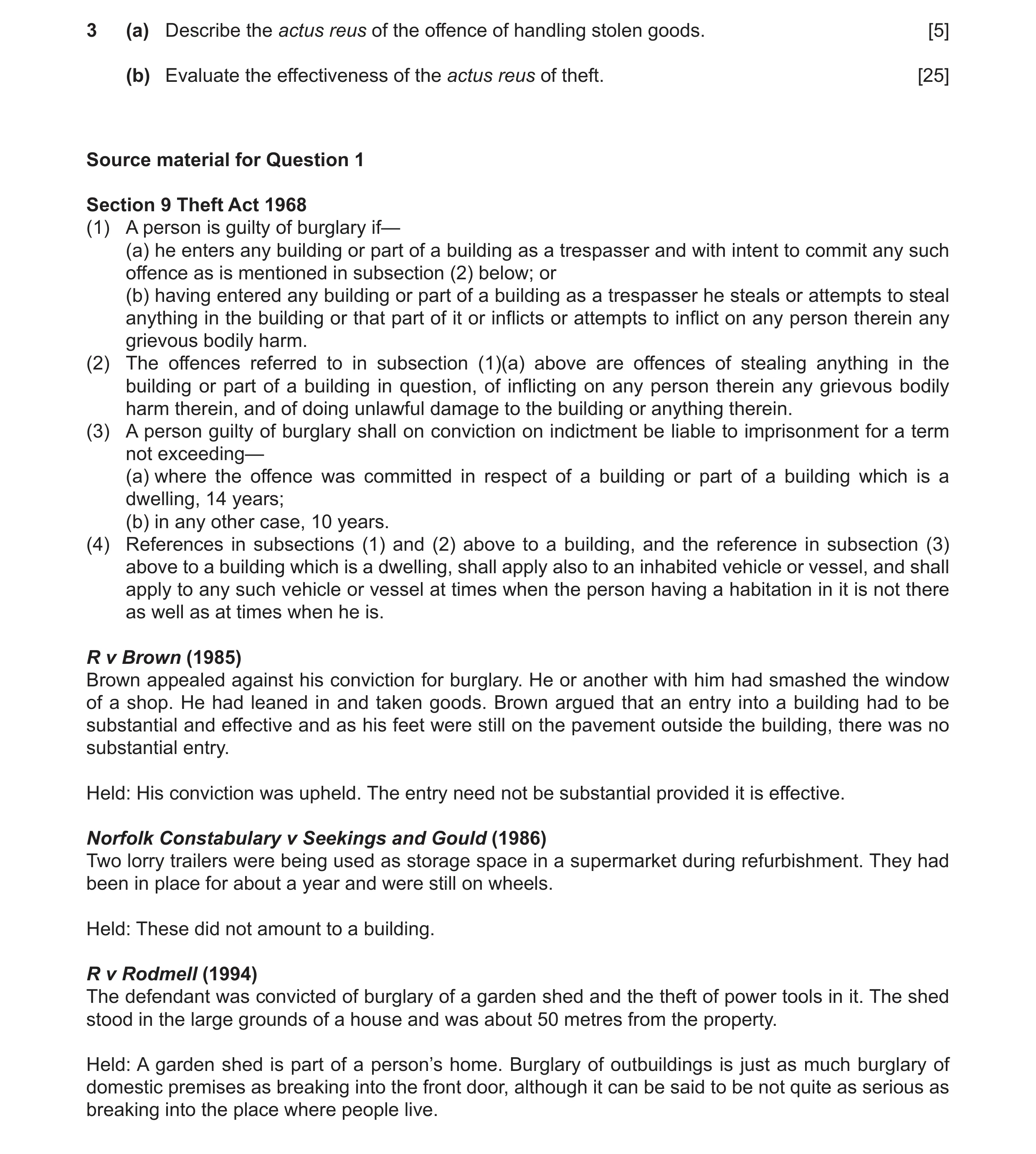 Question 33: (a) Describe the actus reus of the offence of handling stolen goods. [5] (b) Evaluate the effectiveness of the actus reus of theft. [25] So…