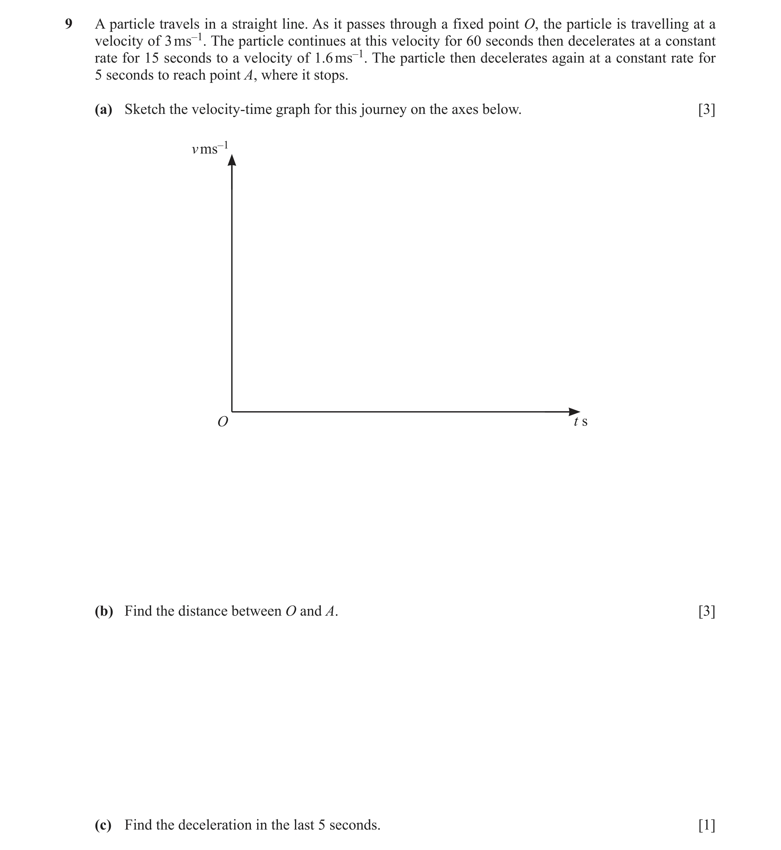 Question 9: A particle travels in a straight line. As it passes through a fixed point O, the particle is travelling at a velocity of 3 ms–1. The partic…