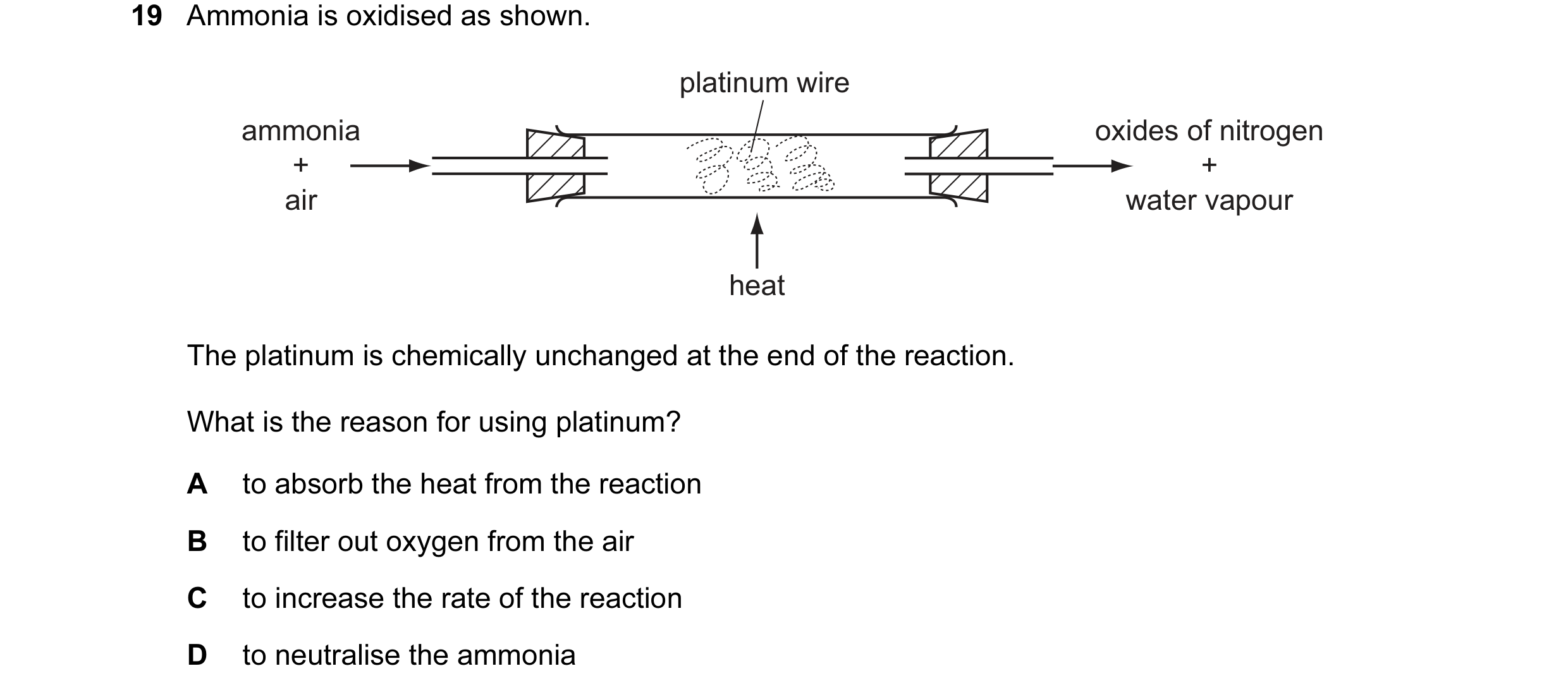 Question 10: Ammonia is oxidised as shown. platinum wire ammonia oxides of nitrogen + + air water vapour heat The platinum is chemically unchanged at th…